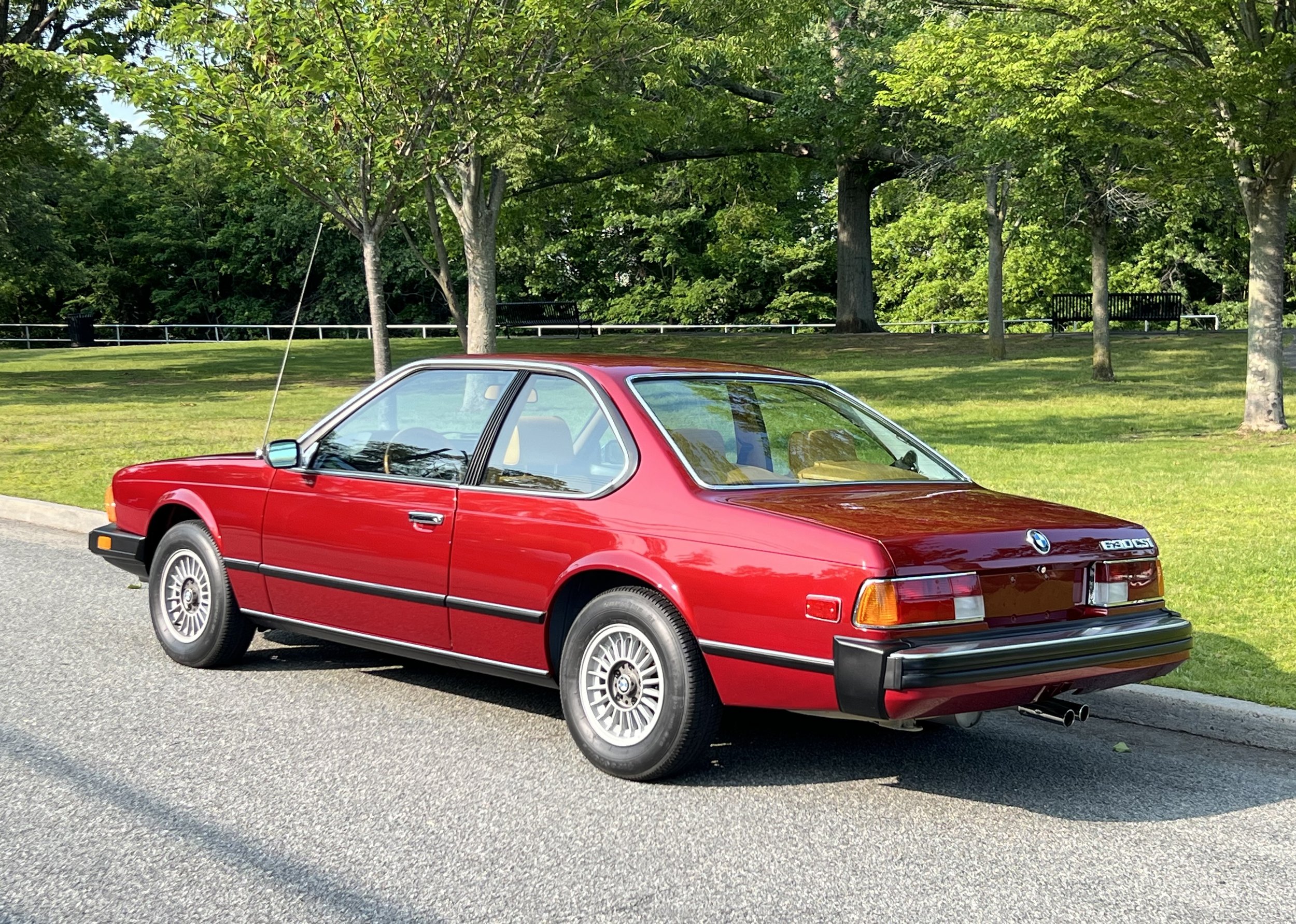 Ruby Red 1977 BMW 630 csi on display in park with trees, grass, and lake in background for sale at FlowHaus