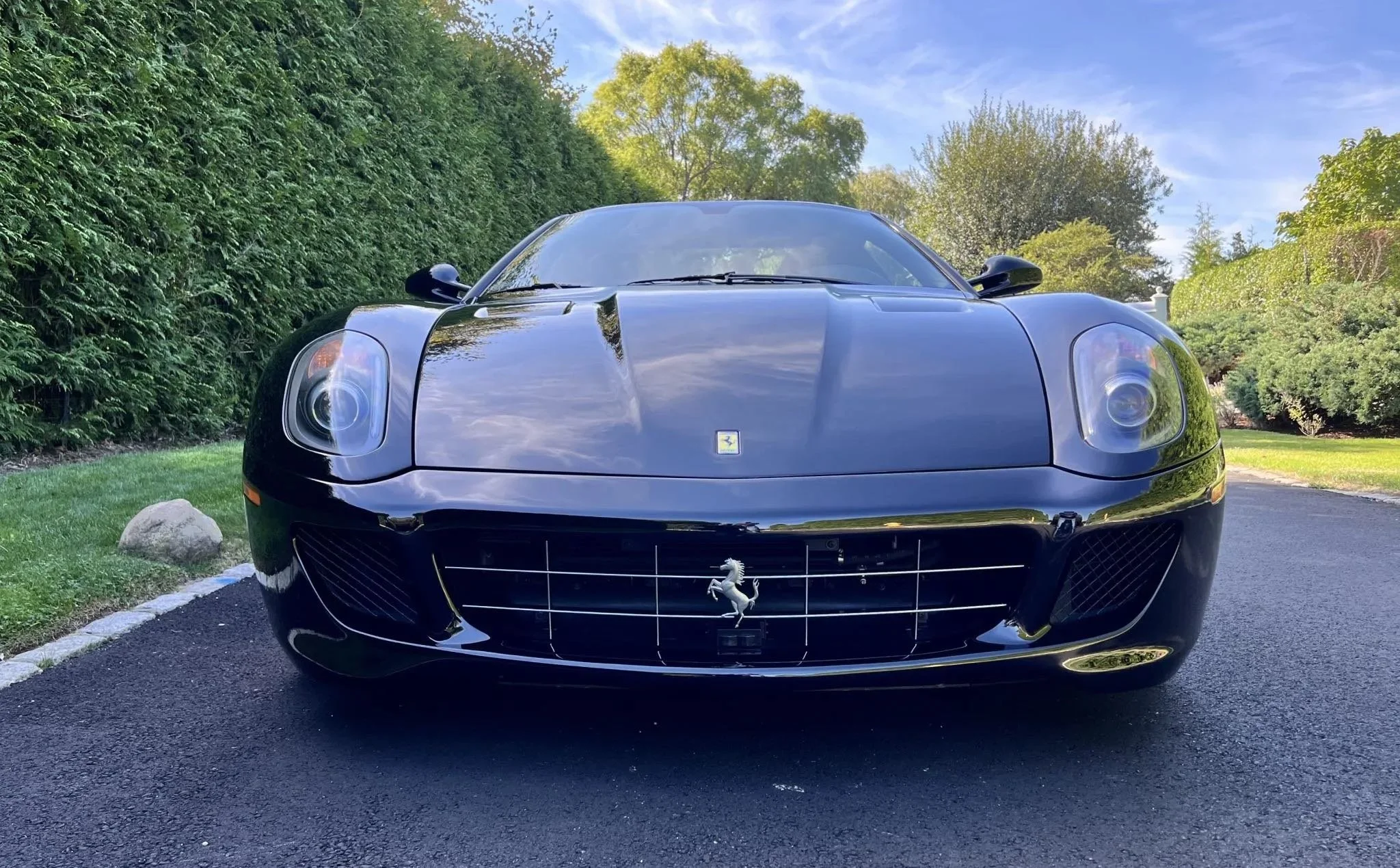Front view of a black Ferrari sports car parked on a driveway, with greenery and trees in the background.