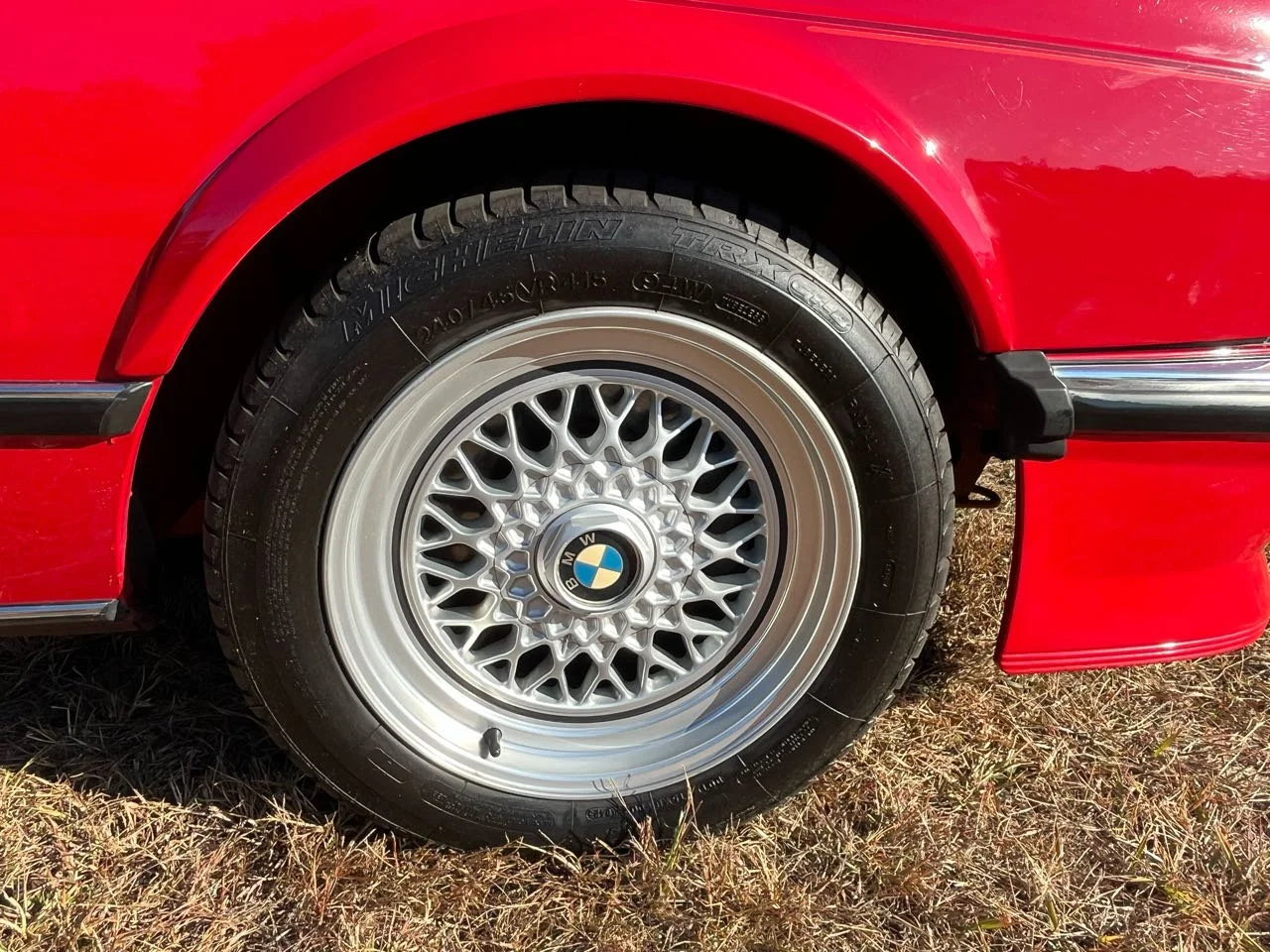 Close-up of a red BMW car's wheel with a spoked alloy rim and black tire on a grassy surface.