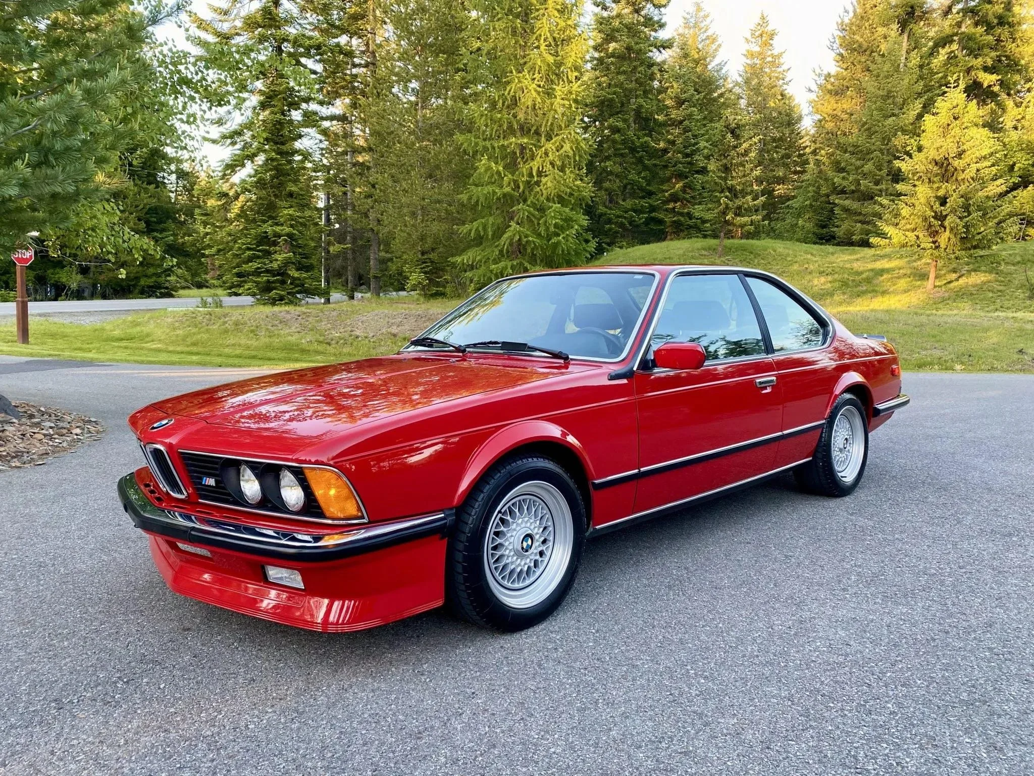 Red vintage BMW coupe parked on the side of a paved road with green trees and grass in the background.