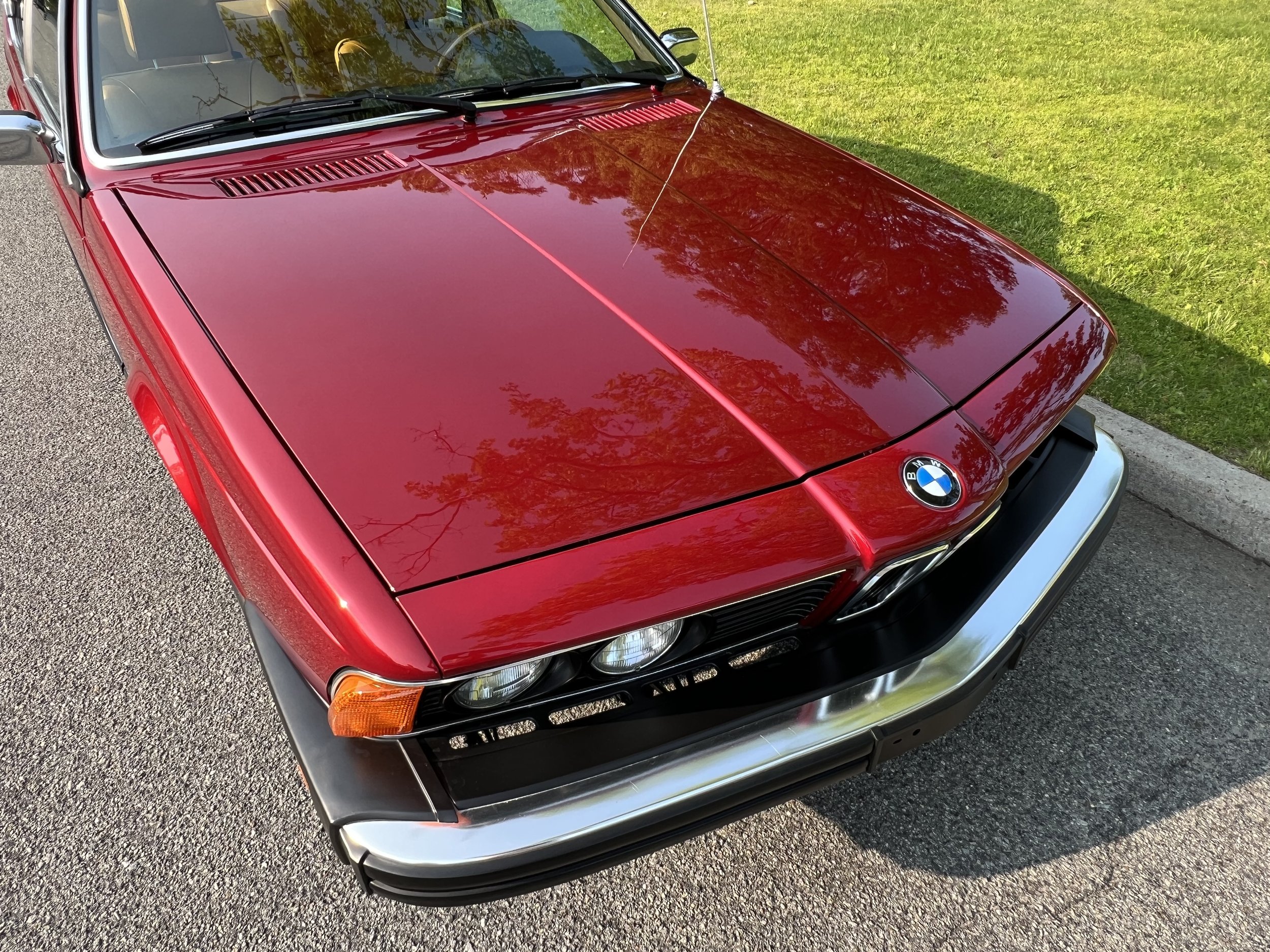 Front of Ruby Red 1977 BMW 630 csi on display in park for sale at FlowHaus