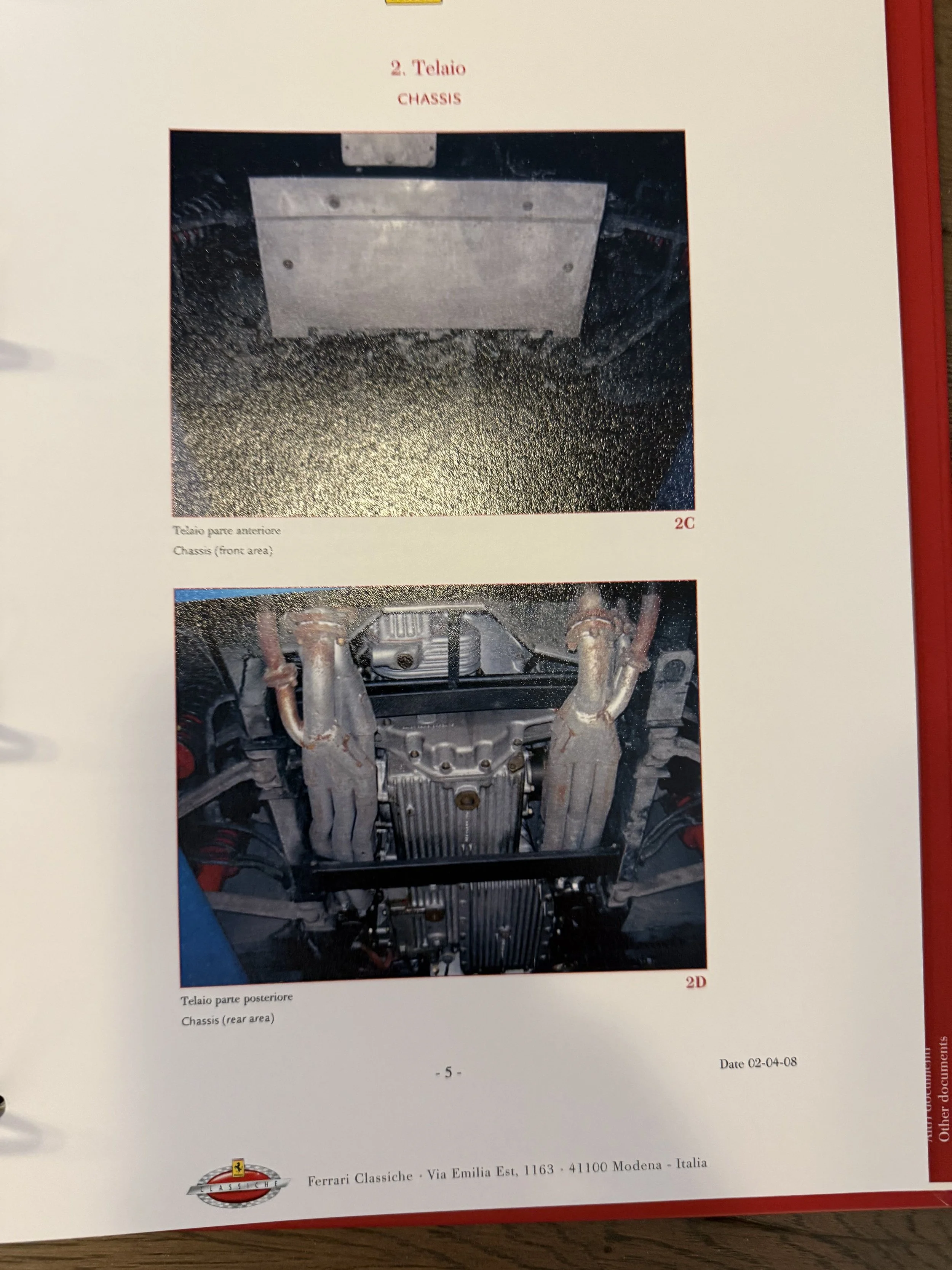 Page showing two photographs of a car chassis. The top photo displays the front area of the chassis, and the bottom photo shows the rear area with visible exhaust pipes and engine components. The page is from a Ferrari manual, dated April 2, 2008.