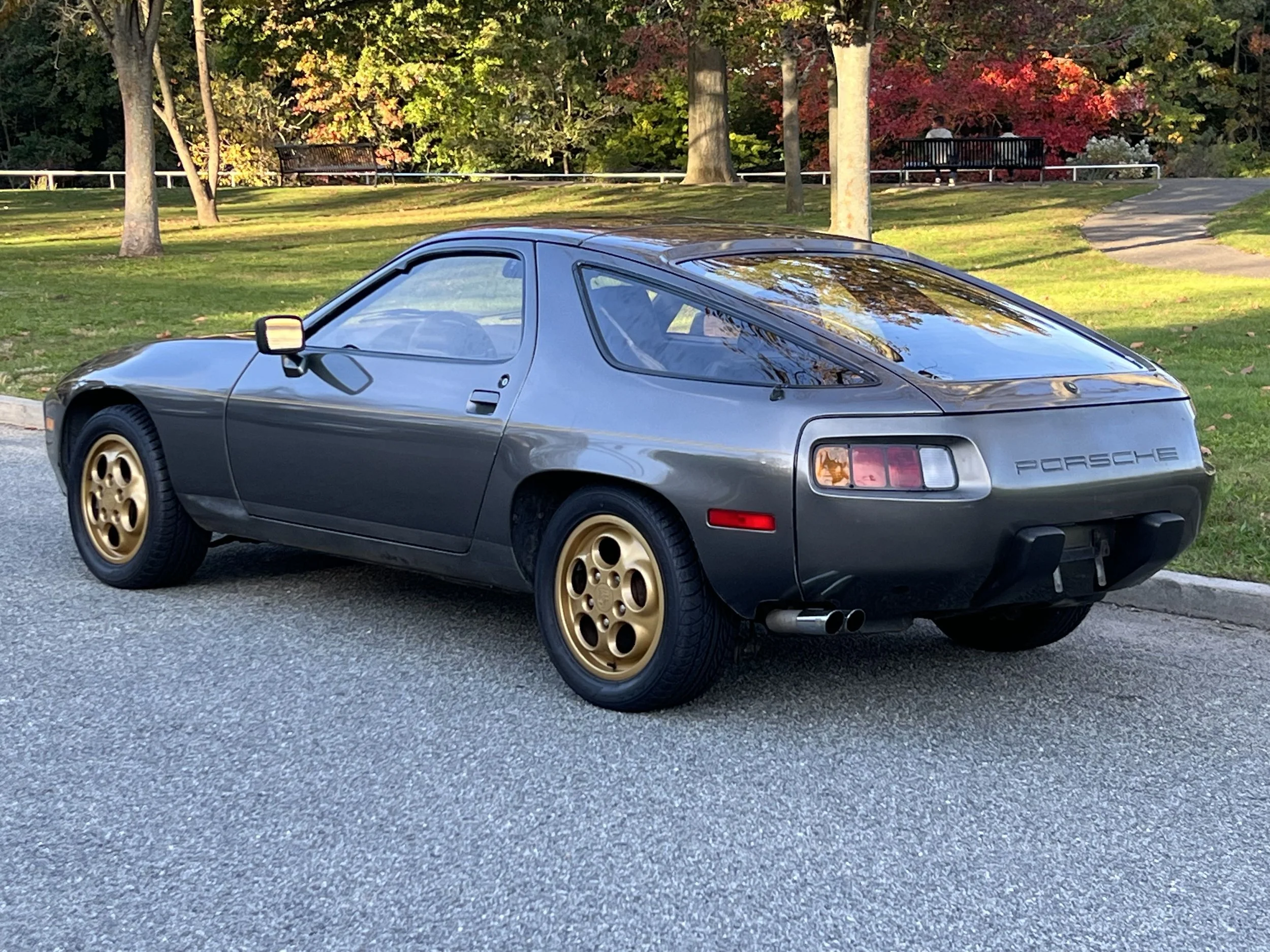 Gray Porsche sports car with gold rims parked on a paved road in a park with green grass and trees with autumn foliage.