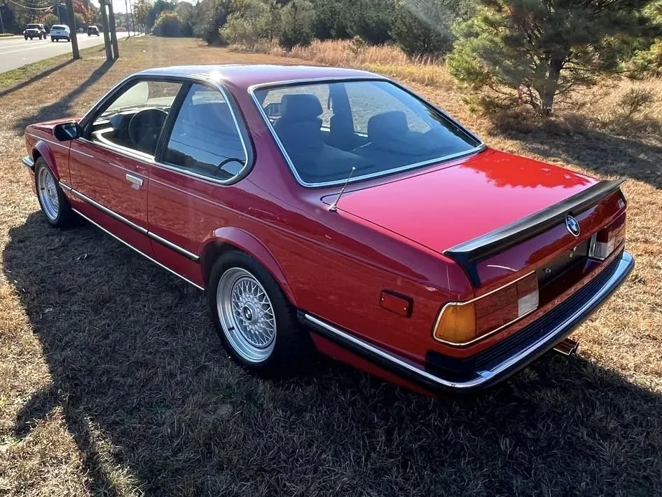 Red vintage BMW coupe parked on grass with trees in the background.