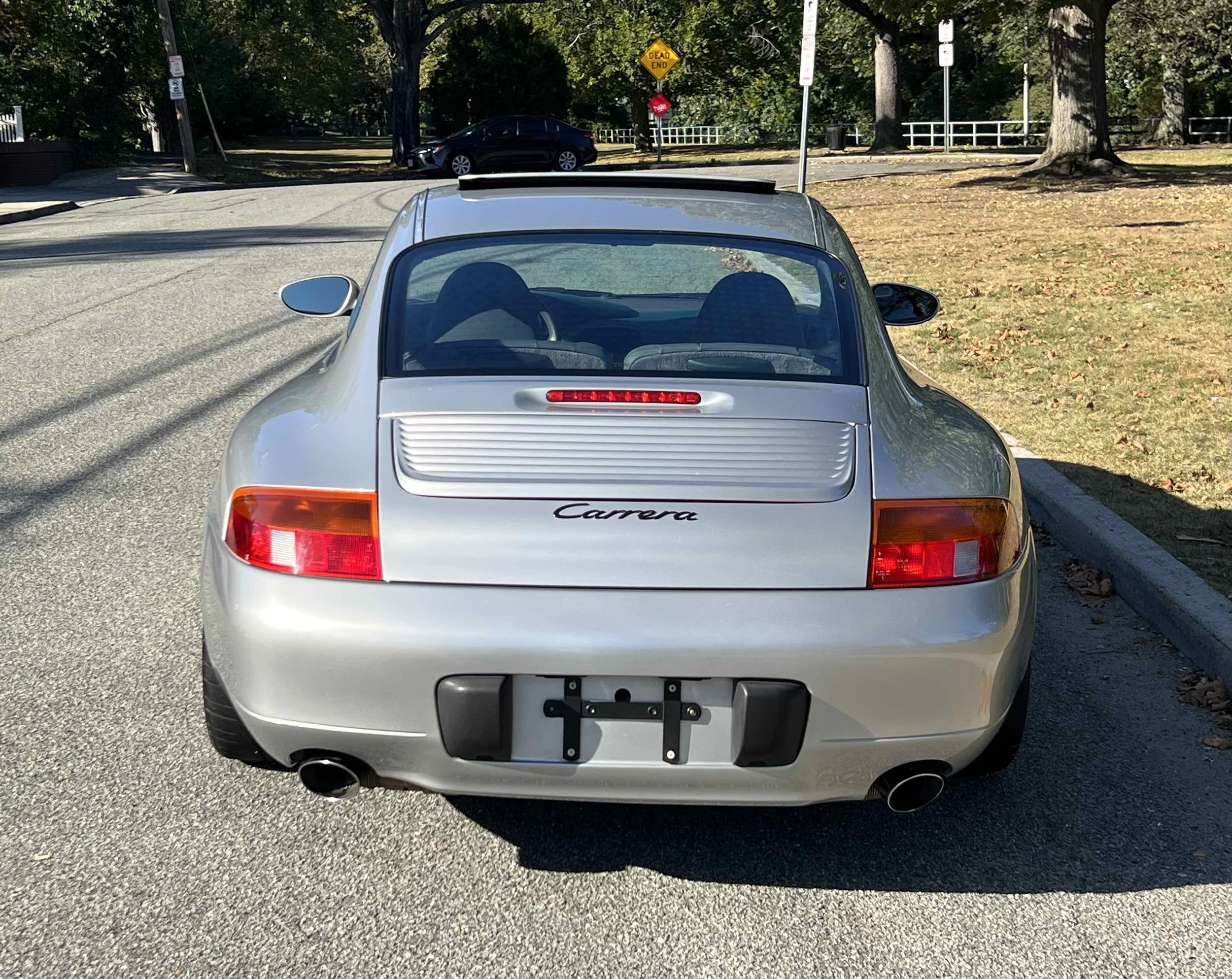 Rear view of a silver Porsche Carrera parked on the side of a street with trees and a park in the background.