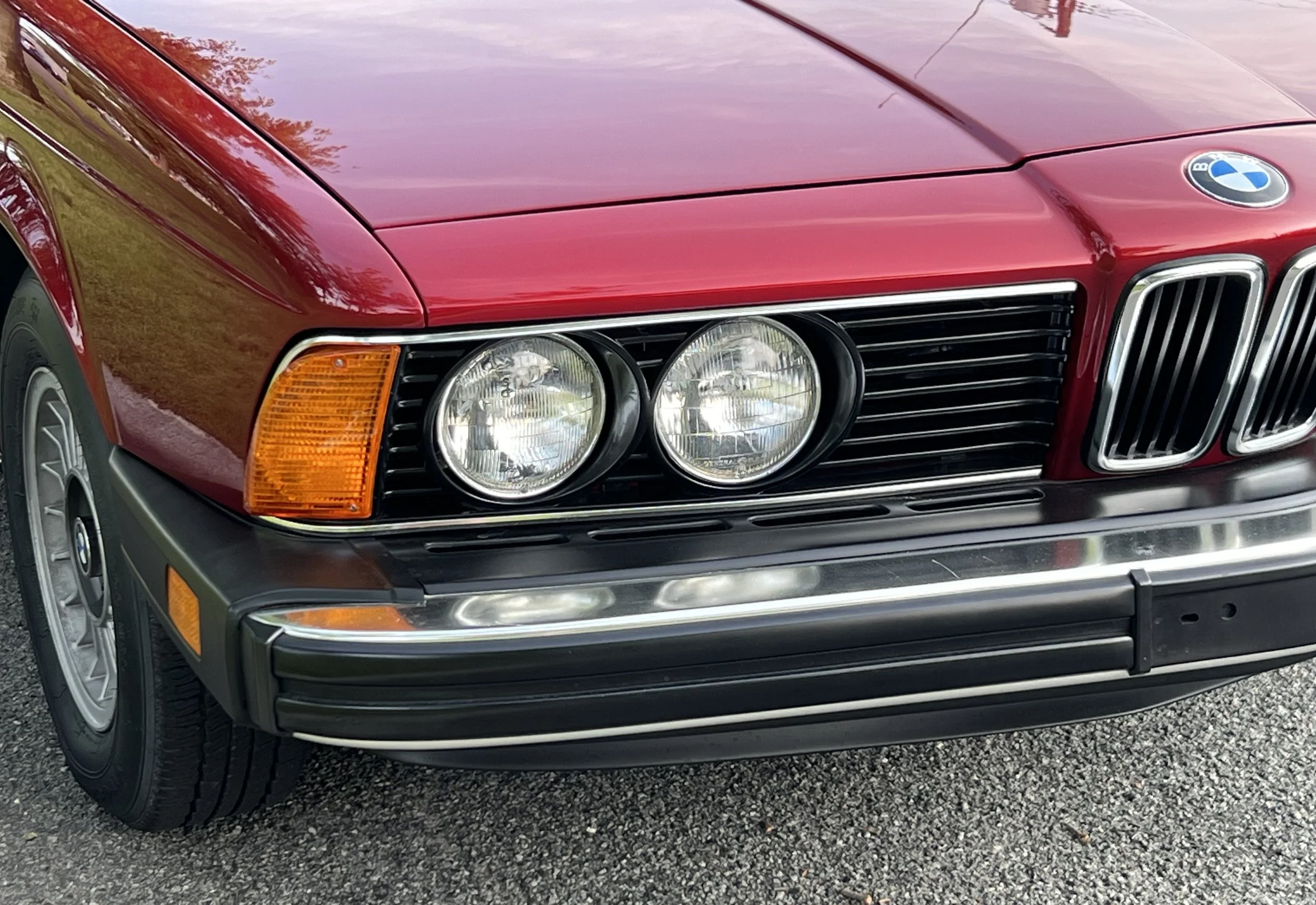 Front of Ruby Red 1977 BMW 630 csi on display in park with trees and grass in background for sale at FlowHaus