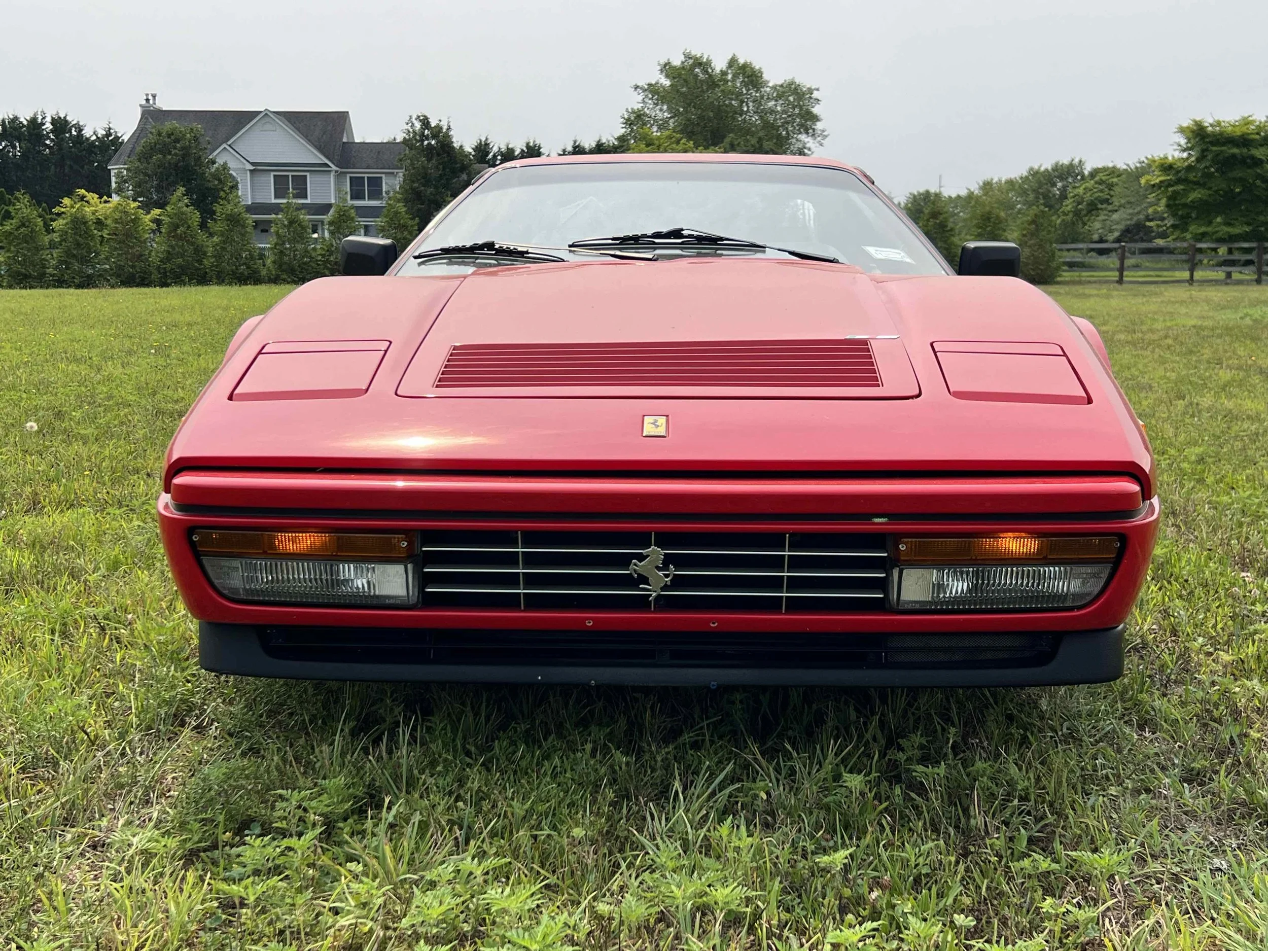 Front view of a classic red Ferrari sports car parked on grass with a residential house and trees in the background.