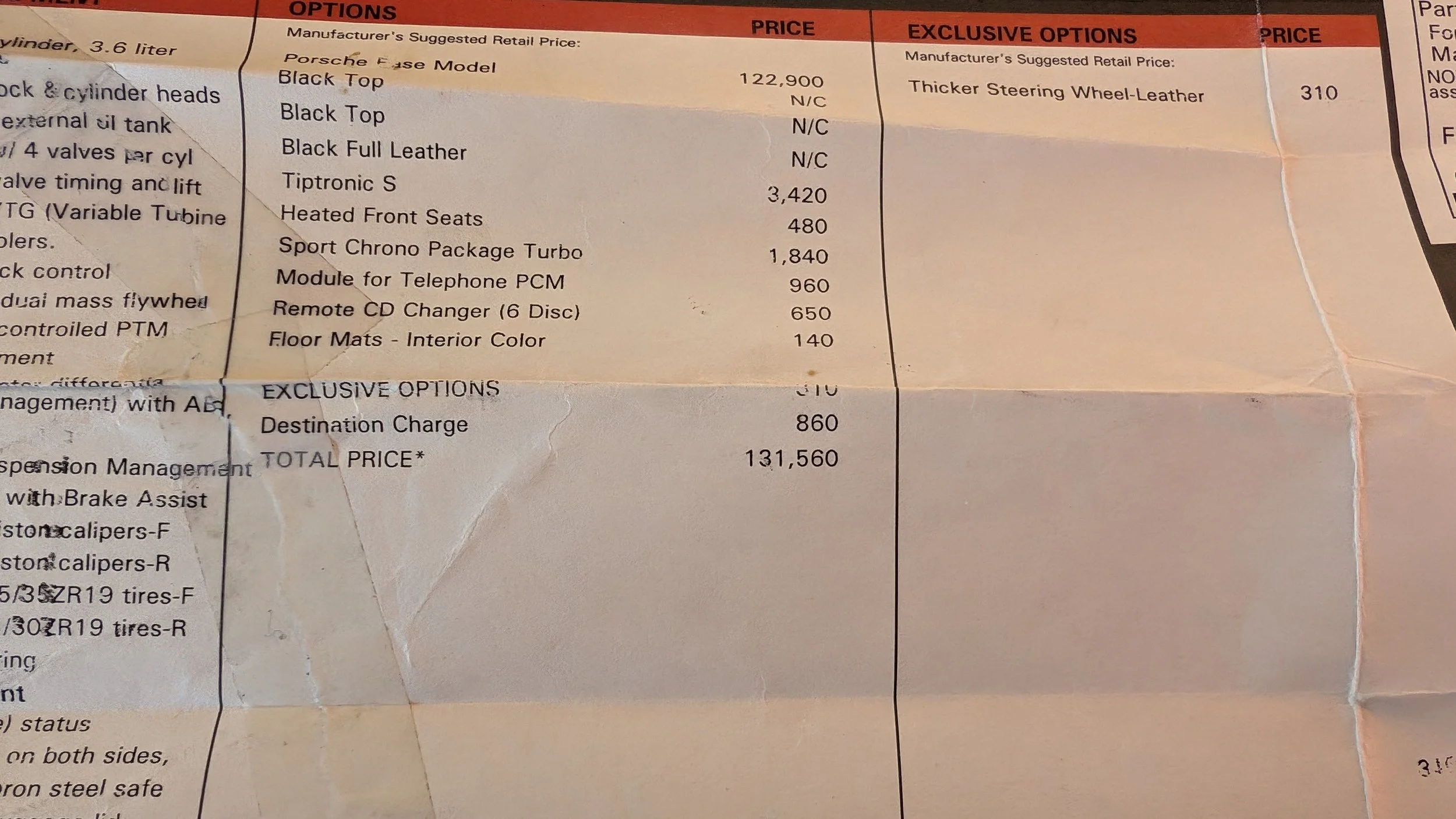 Close-up of a printed car configuration and pricing sheet showing optional features, exclusive options, and total price for a Porsche vehicle.