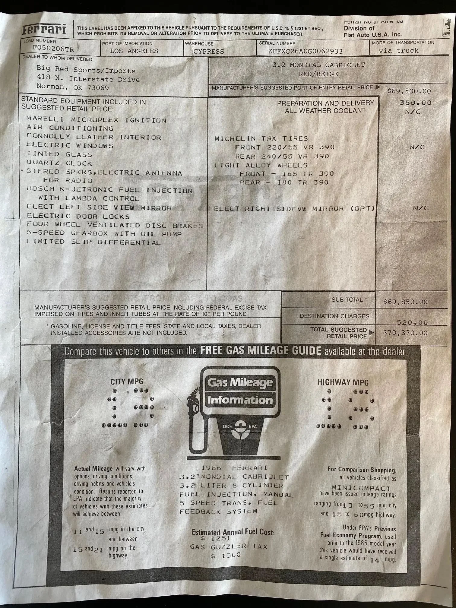 A vehicle sales invoice for a 1986 Ferrari 3.2 Mondial Cabriolet, red/beige, from Big Red Sports/Imports in Norman, Oklahoma. The invoice details equipment, price, and gas mileage information.