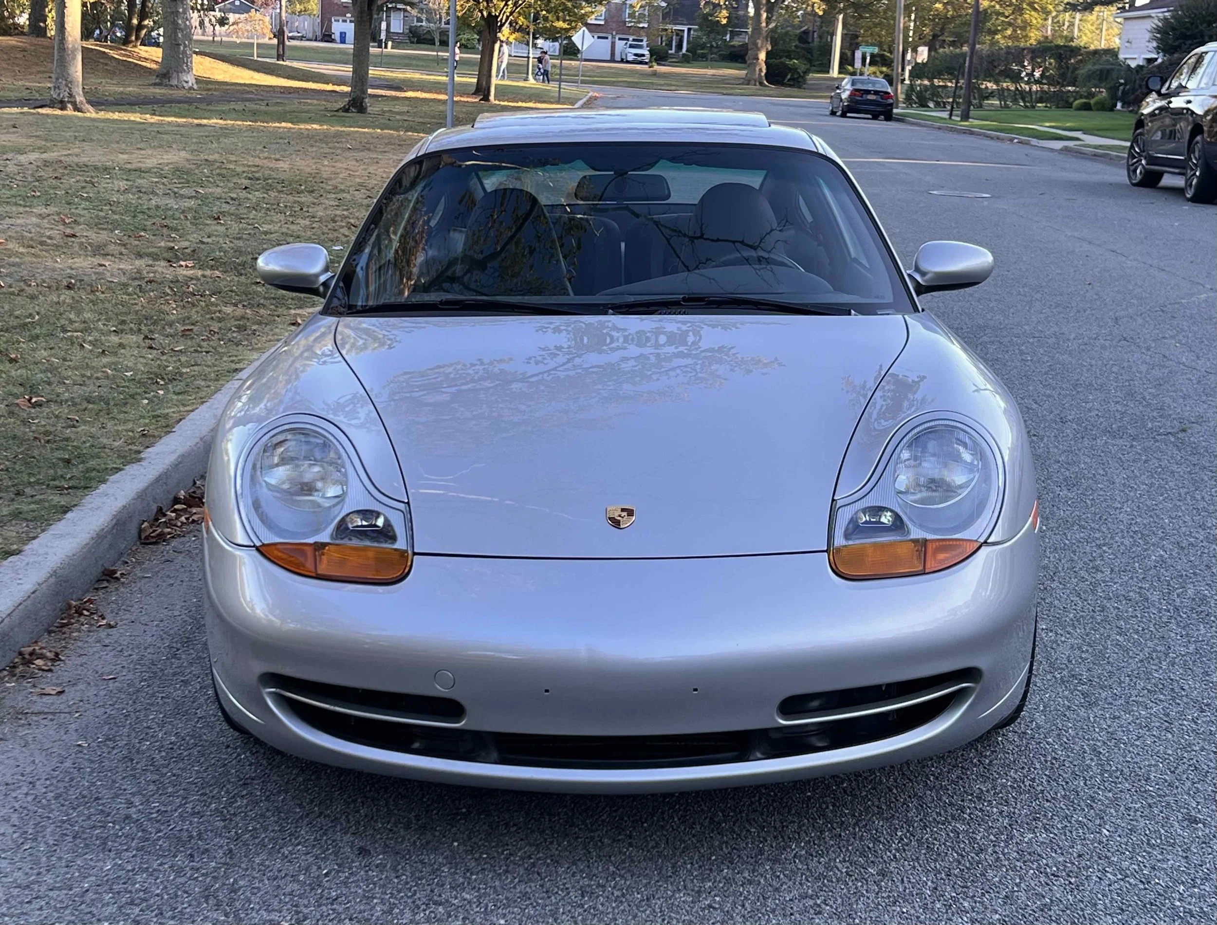 Front view of a silver Porsche sports car parked on the side of a street, with trees and residential houses in the background.