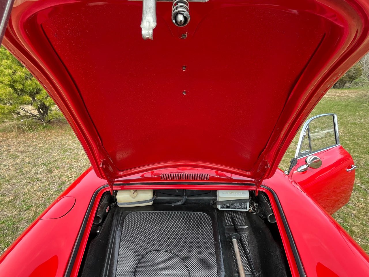 The hood of a red vintage car is open, showing the engine compartment. The car is parked outdoors on grass with trees in the background.