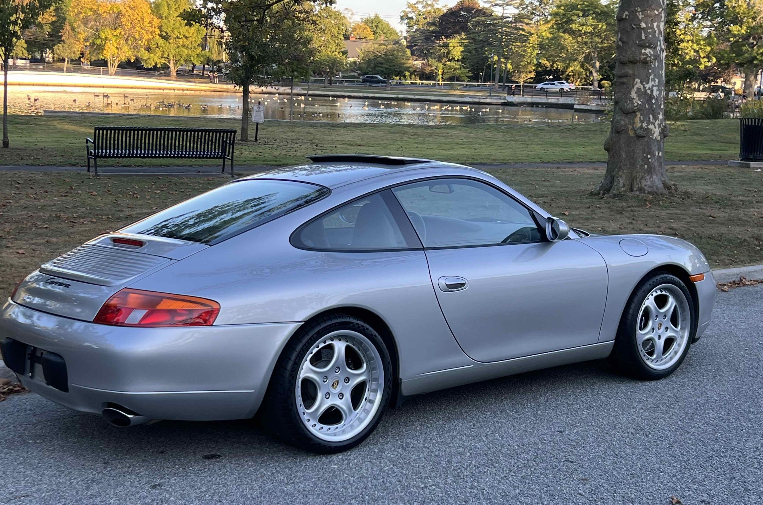 Silver Porsche 911 Carrera parked on a street near a park with a pond, trees, benches, and a few ducks.