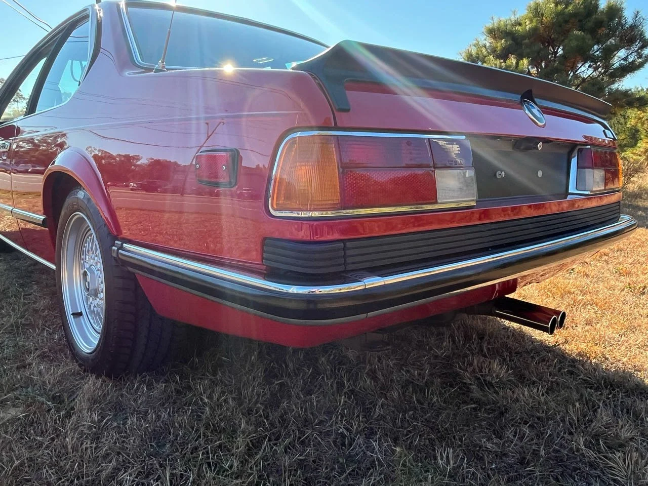 Rear view of a red vintage BMW car parked on grass, with a black spoiler, chrome accents, and dual exhaust pipes, in a sunny outdoor setting with trees in the background.