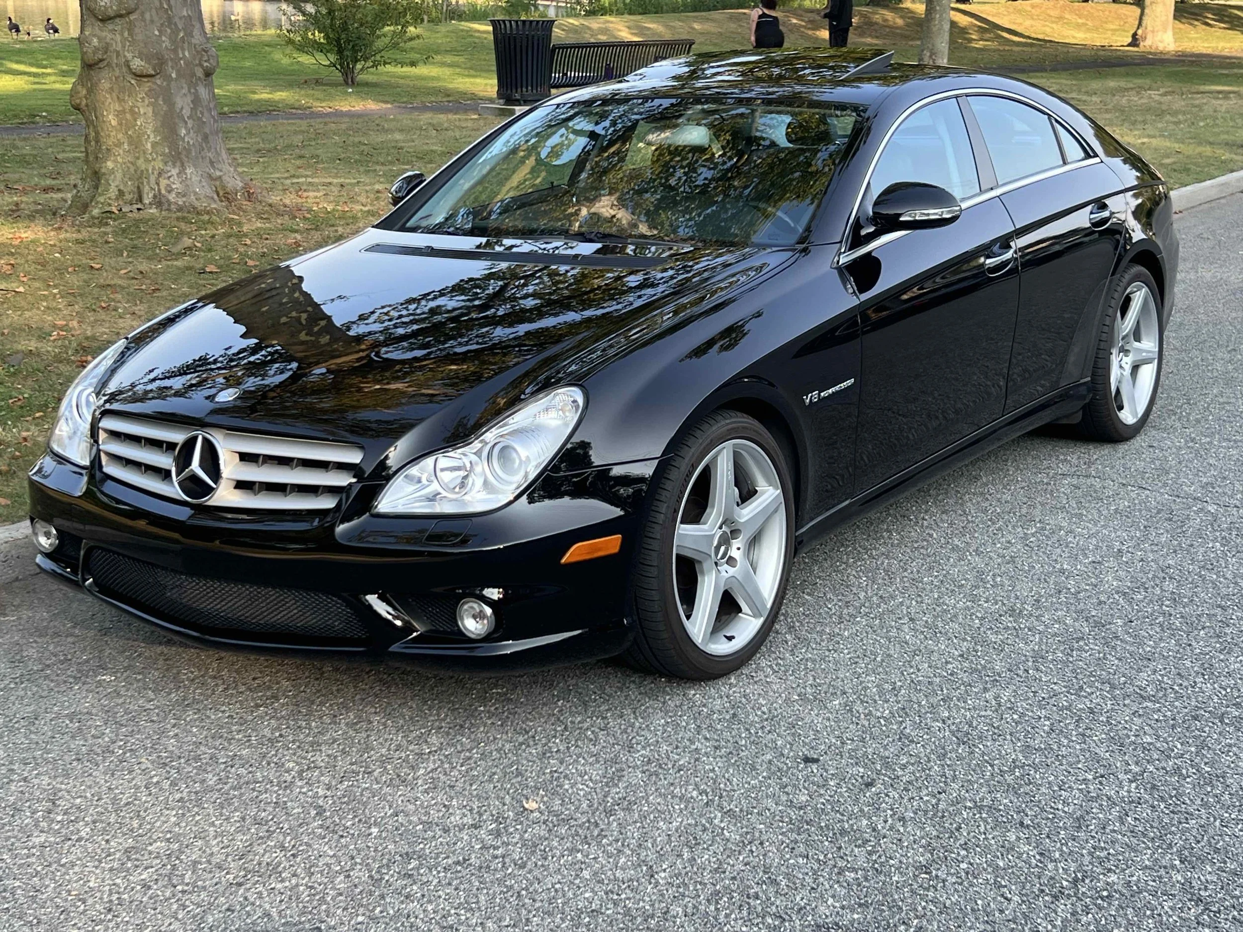 Black Mercedes-Benz CLS55 AMG parked on the side of a street with trees and park benches in the background.