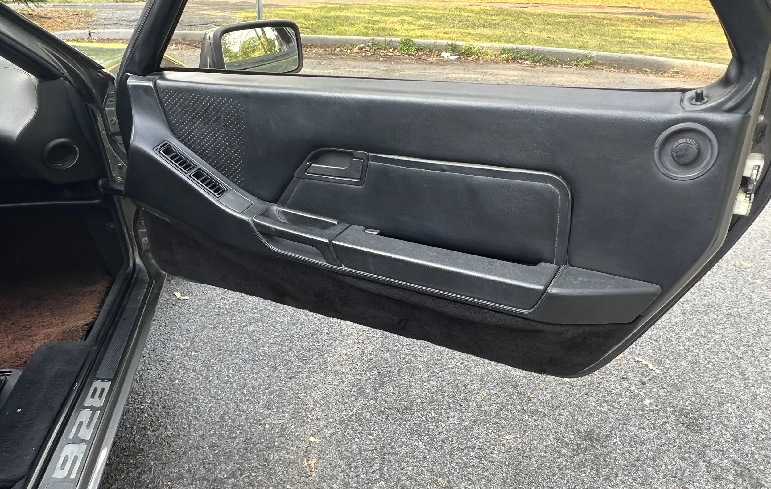 Close-up of the interior driver side door of a black car, showing the door panel, handle, speaker, and window controls, with a parking lot and grassy area visible outside.