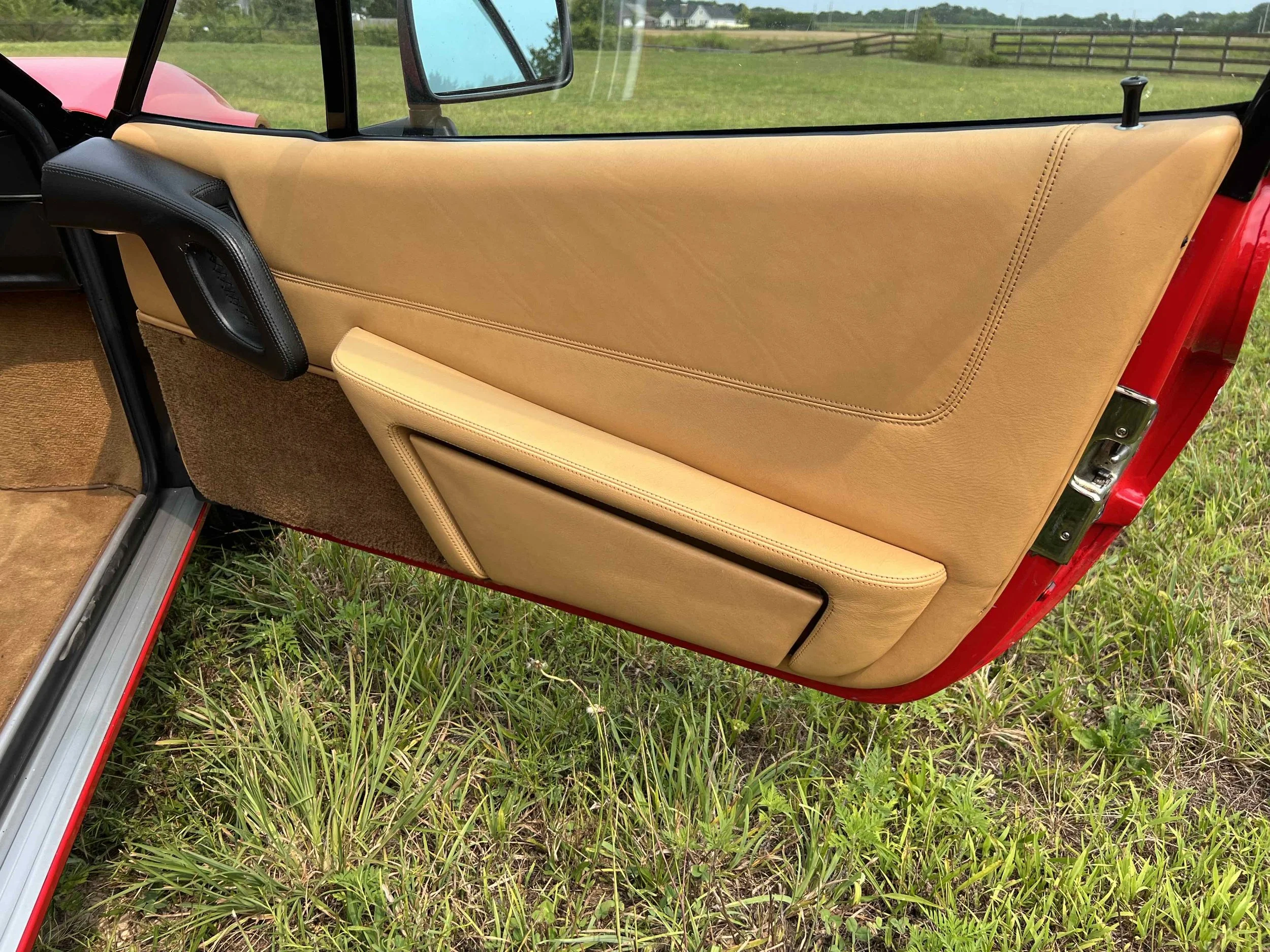 Close-up of a vintage car door interior with tan leather and black trim, with a grassy field and fence in the background.