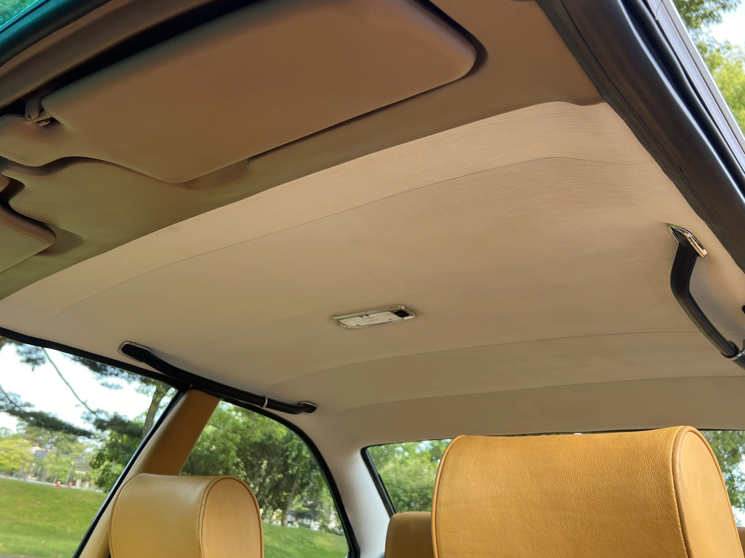 The interior roof of a 1977 BMW 630 csi with beige upholstery, showing handles and a dome light, with green trees visible through the windows.