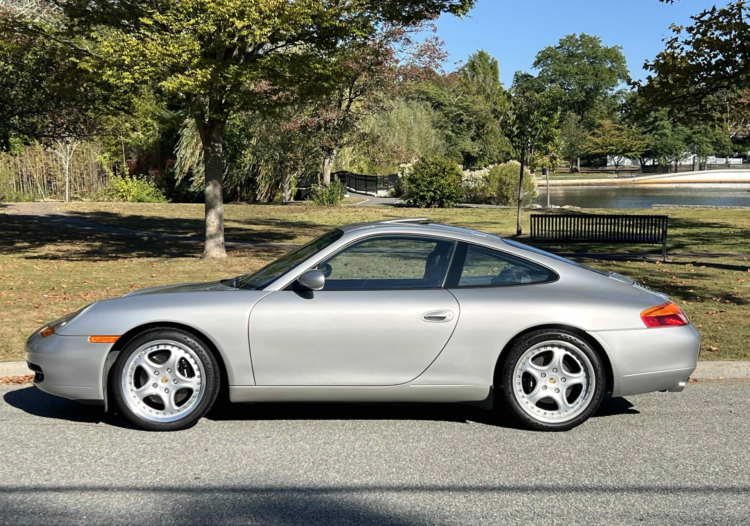 Silver sports car parked on street with trees and pond in background during daytime.