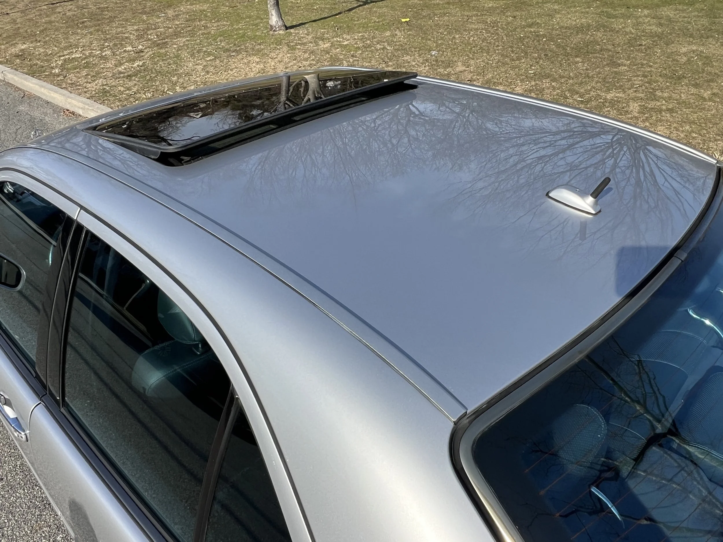Top view of a silver car parked on the side of a grassy area, with a sunroof and a small black antenna on the roof.