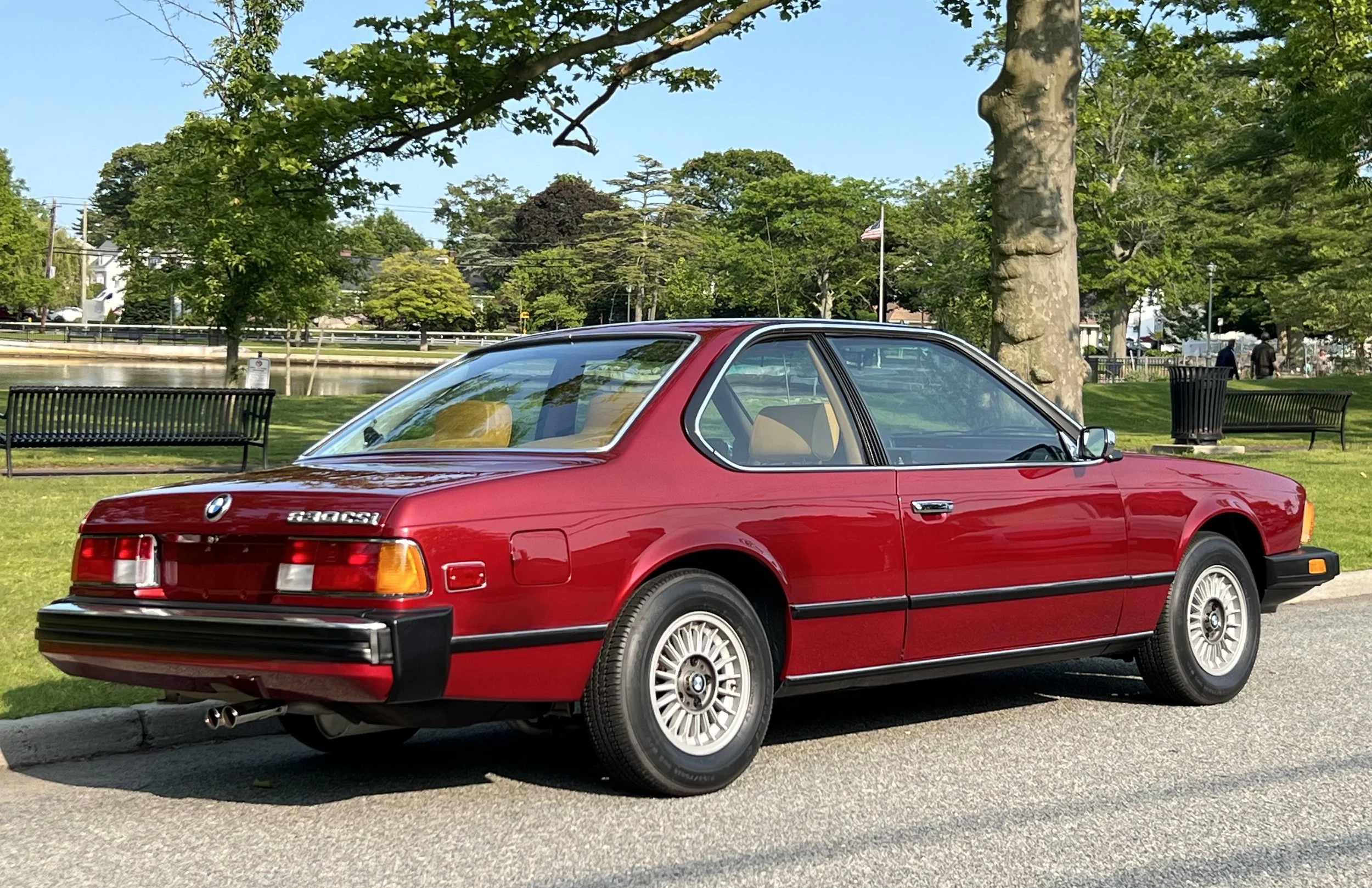 Ruby Red 1977 BMW 630 csi on display in park with trees and grass in background for sale at FlowHaus