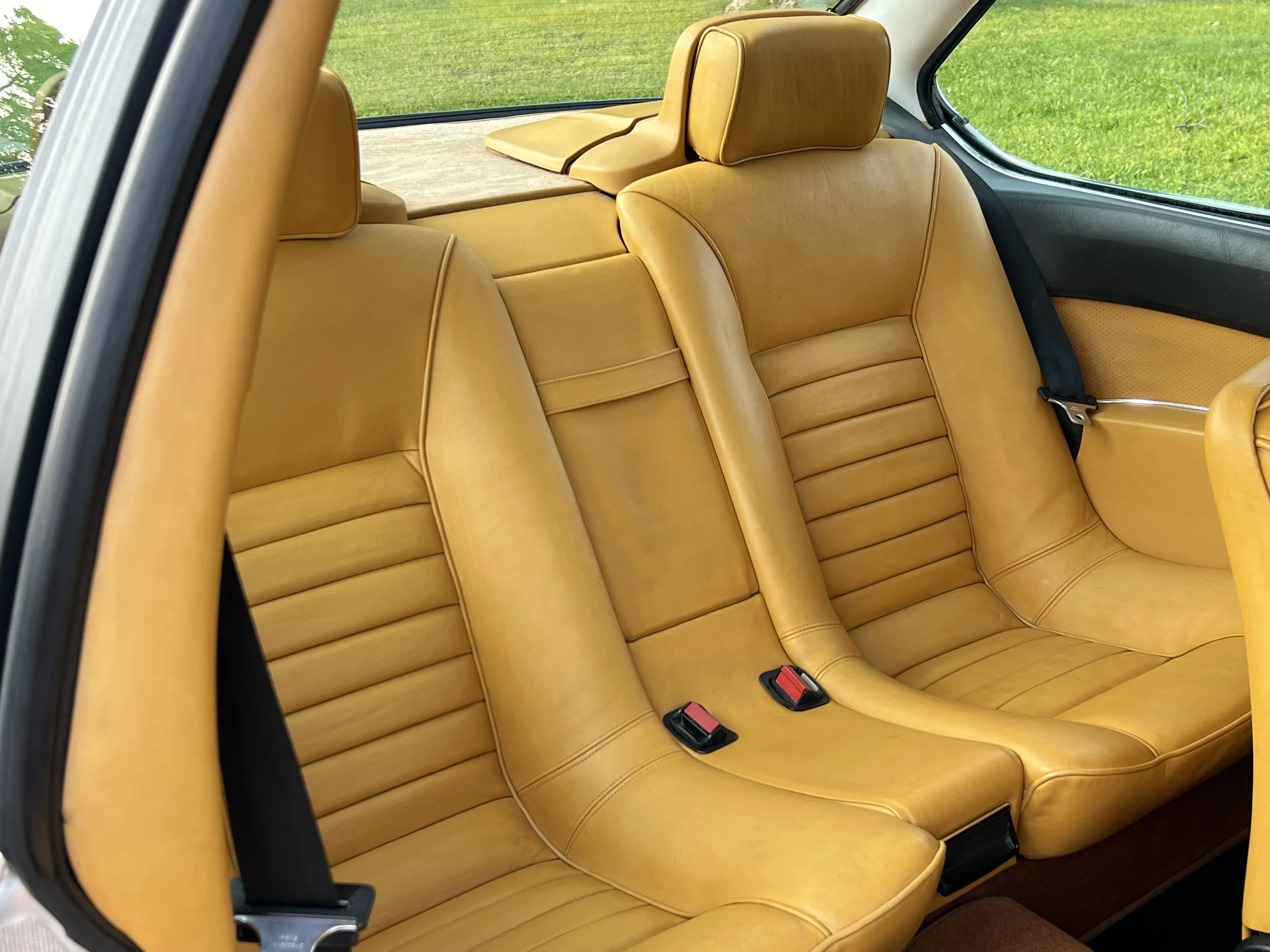 Tan leather rear seats inside a classic BMW 630 csi car with green grass visible through the window.