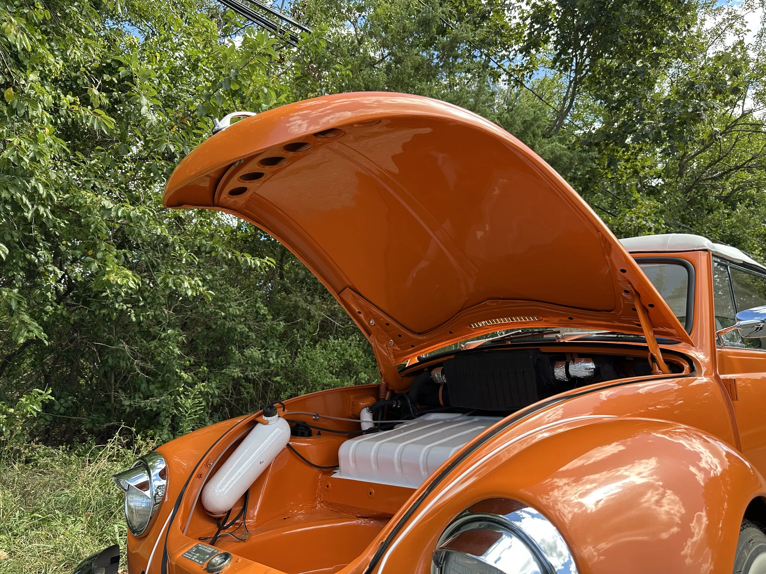 Orange vintage Volkswagen Beetle with open hood, showing the engine compartment, parked outdoors with green trees in the background.