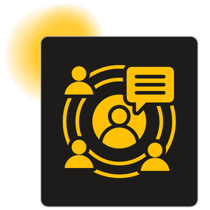 Icon of three people connected with lines and speech bubbles, representing communication or networking.