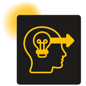 A graphic icon of a human head silhouette with a light bulb inside, and an arrow pointing to the right, indicating ideas or innovation.