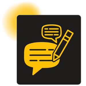 Icon of a notebook with speech bubbles and a pencil on its cover, symbolizing writing or communication.