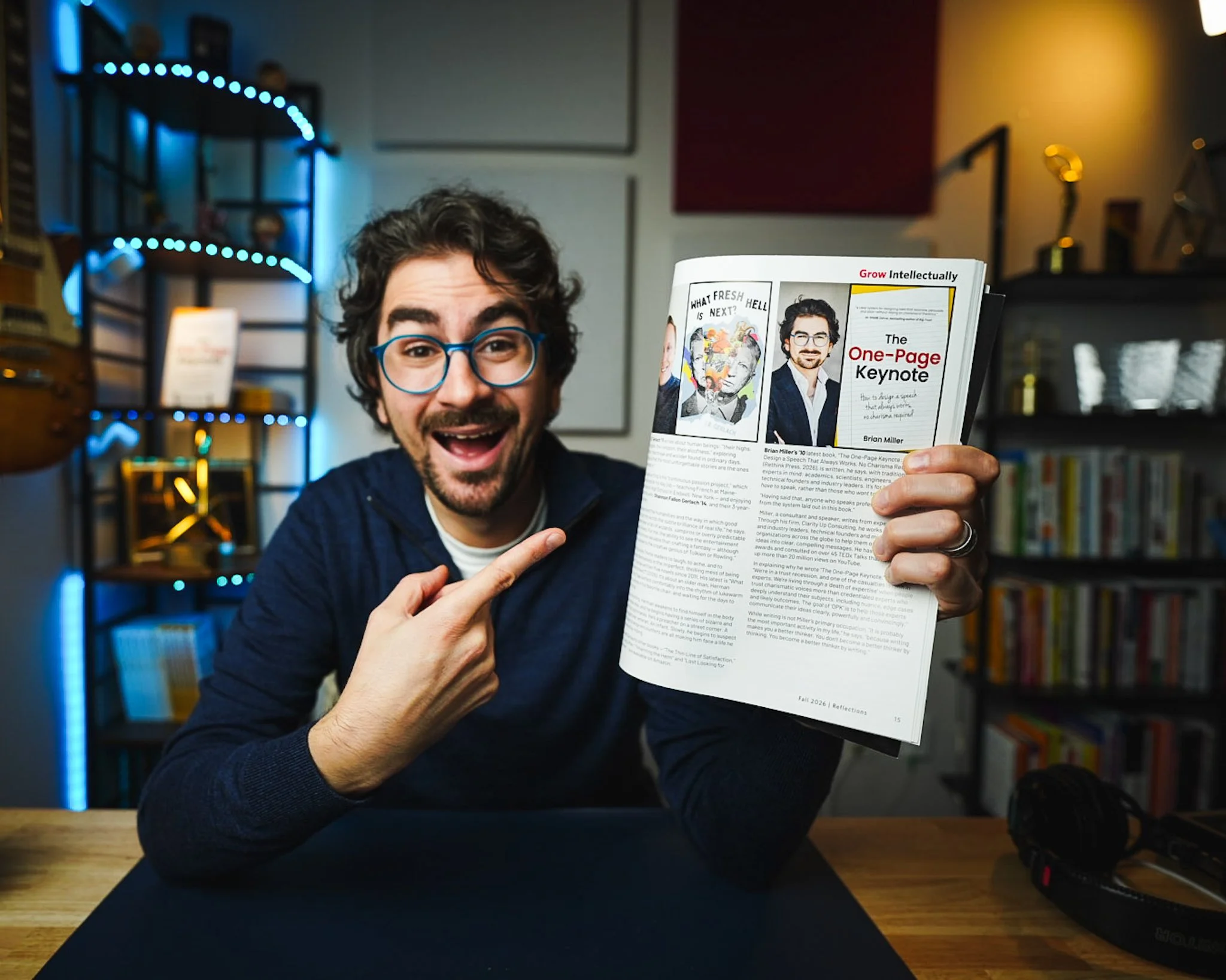 Brian Miller, author of The One-Page Keynote, holding a copy of SUNY Oneonta Alumni's Reflections Magazine, Fall 2026, on the article written about his new book.