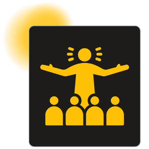 Black square sign with yellow figure of a person speaking to or presenting to a group of four people, with lines indicating speech or emphasis, against a yellow background.