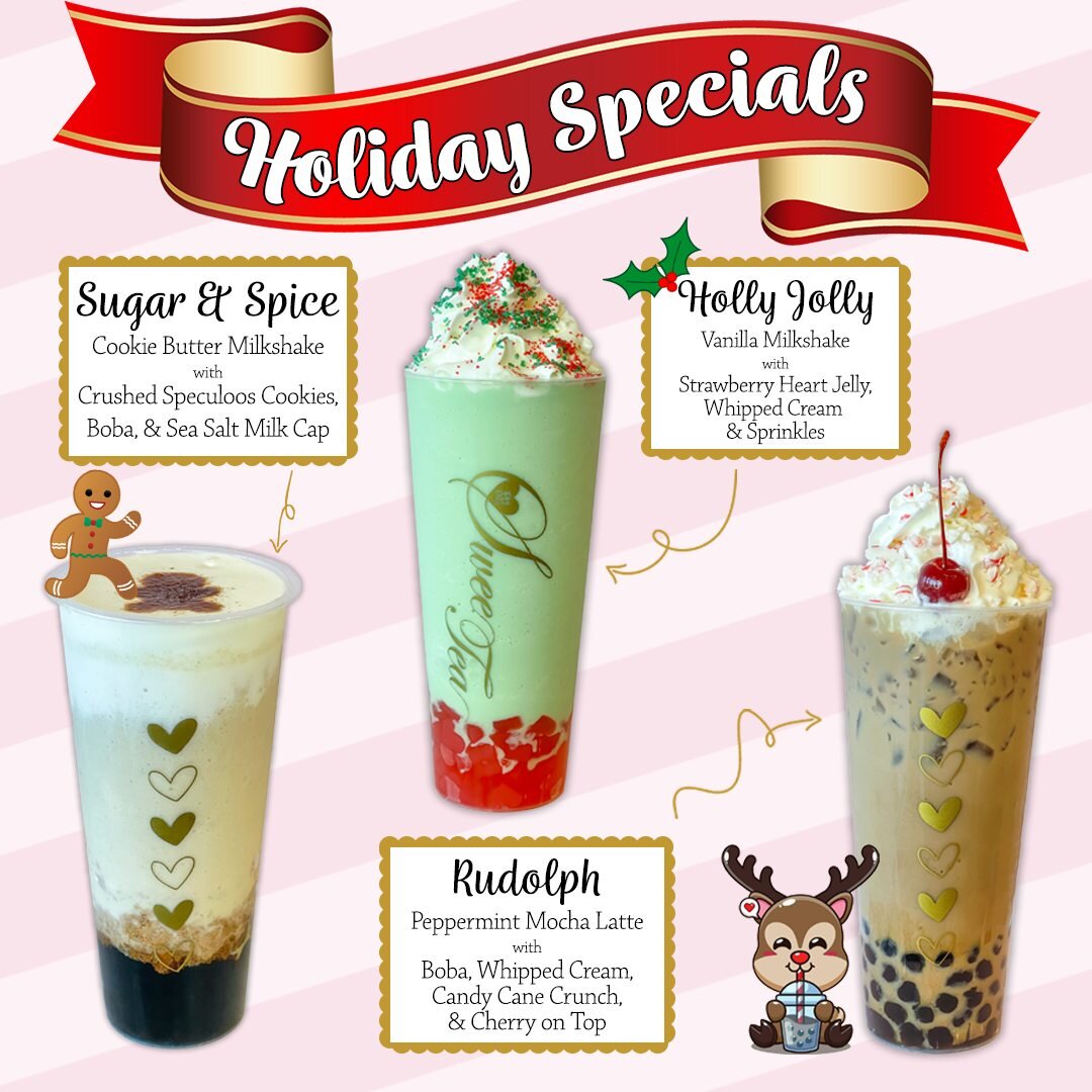 This holiday season just got a whole lot merrier with our festive HOLIDAY SPECIALS!✨ Indulge in the magic of the holidays with our special edition boba drinks that are sure to sleigh your taste buds! 🛷🤩

🍪SUGAR AND SPICE🍪
Cookie Butter Milkshake 