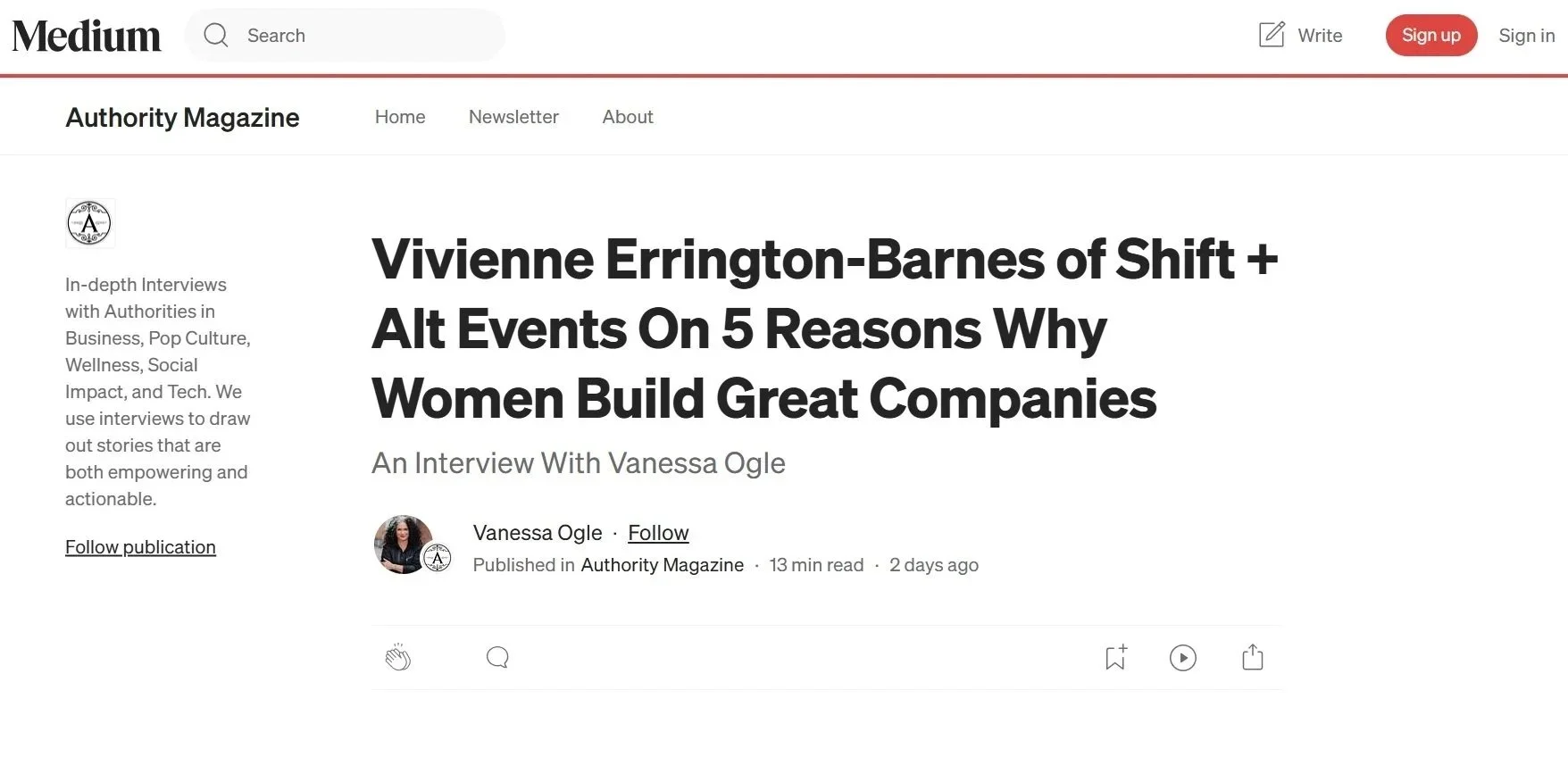 Screenshot of an online article titled 'Vivienne Errington-Barnes of Shift + Alt Events On 5 Reasons Why Women Build Great Companies' by Vanessa Ogle, published in Authority Magazine.