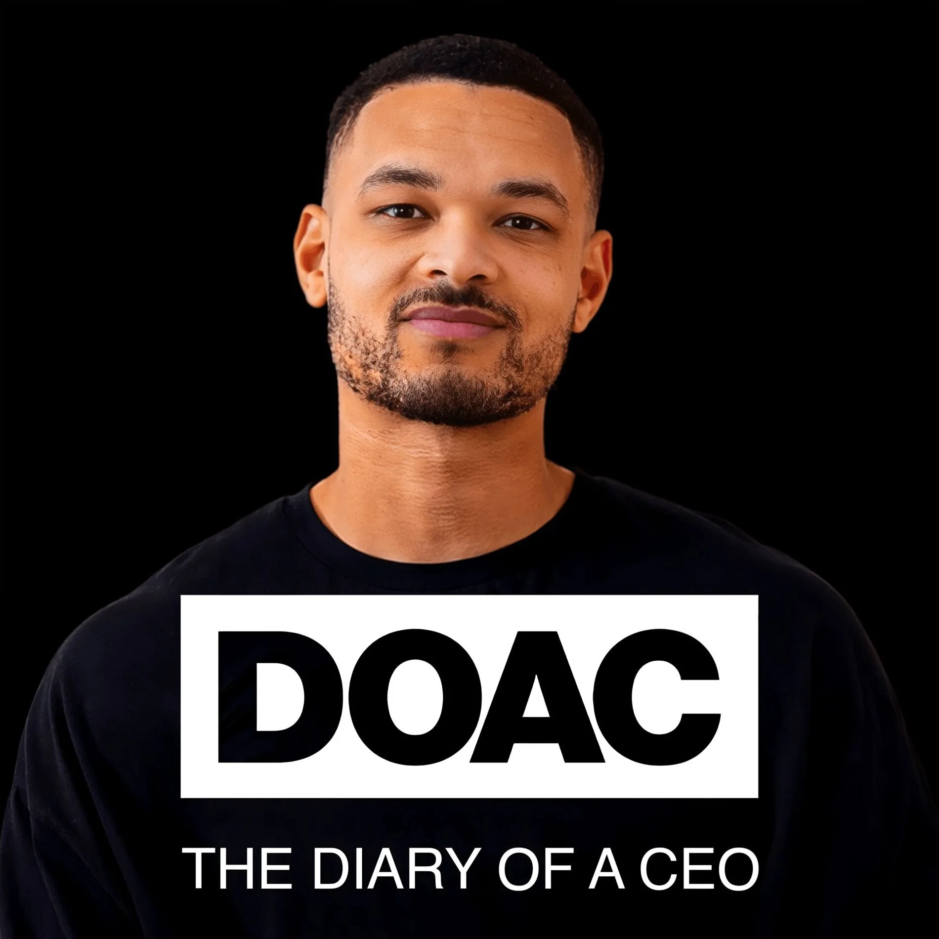 A man with short hair and a beard wearing a black shirt against a black background, with text that reads 'DOAC' and 'The Diary of a CEO' in white.