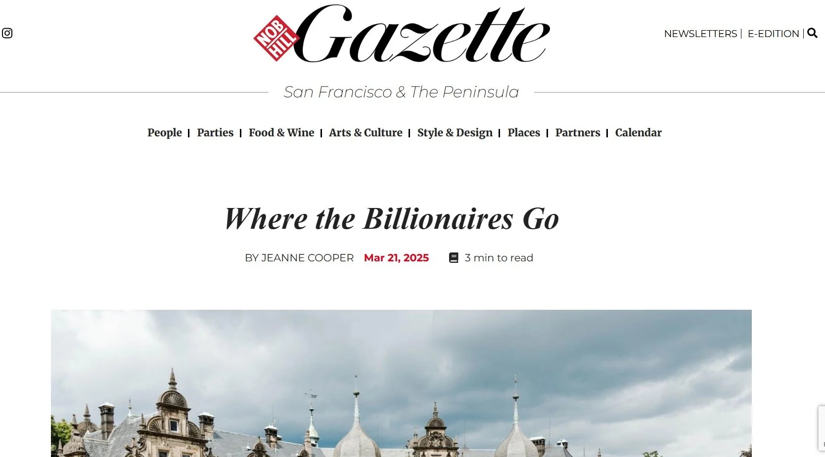 A newspaper webpage titled "Where the Billionaires Go" featuring a picture of a historic building with turrets and a cloudy sky in the background.