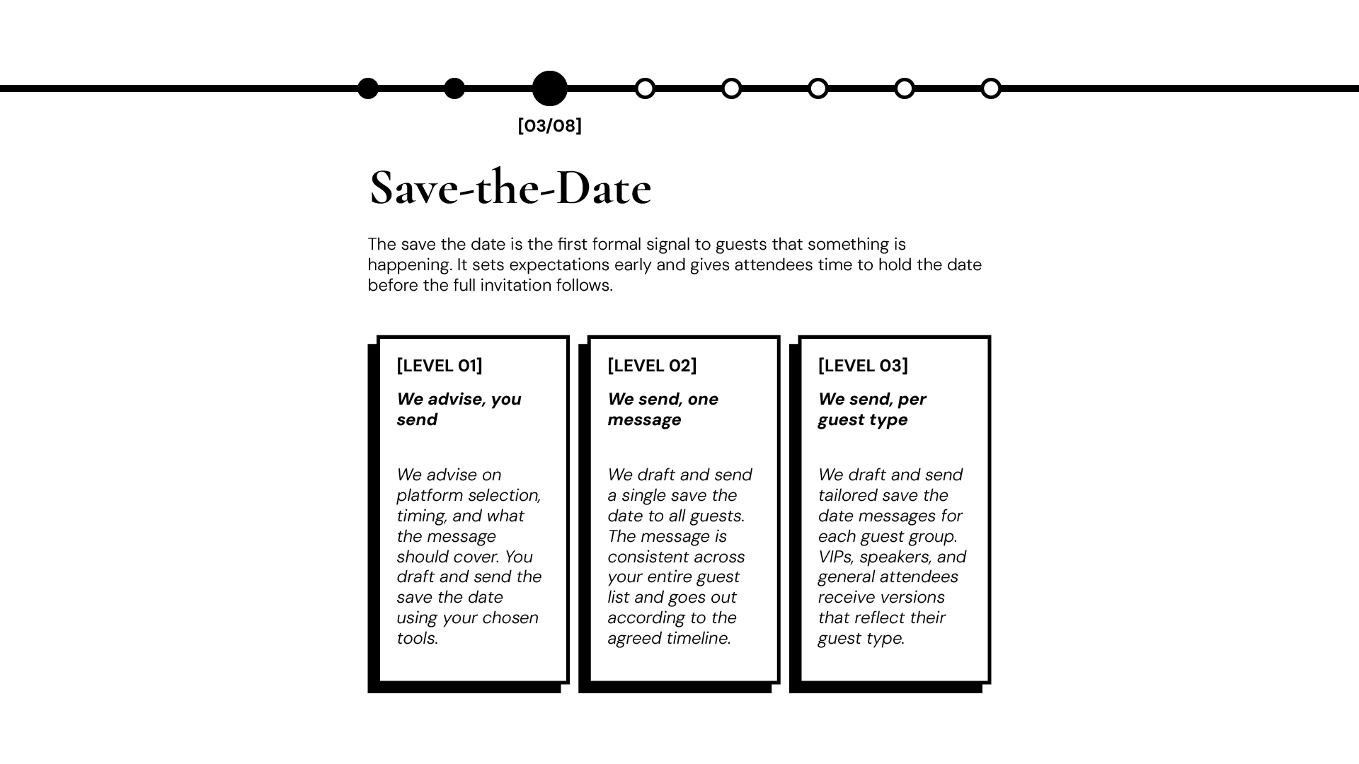 Slide 3 of 8 from the Shift + Alt Events guest communications timeline. Title: Save-the-Date. Describes the first formal communication sent to guests to secure the date ahead of the invitation. Three level cards compare Level 1 (we advise, you send),