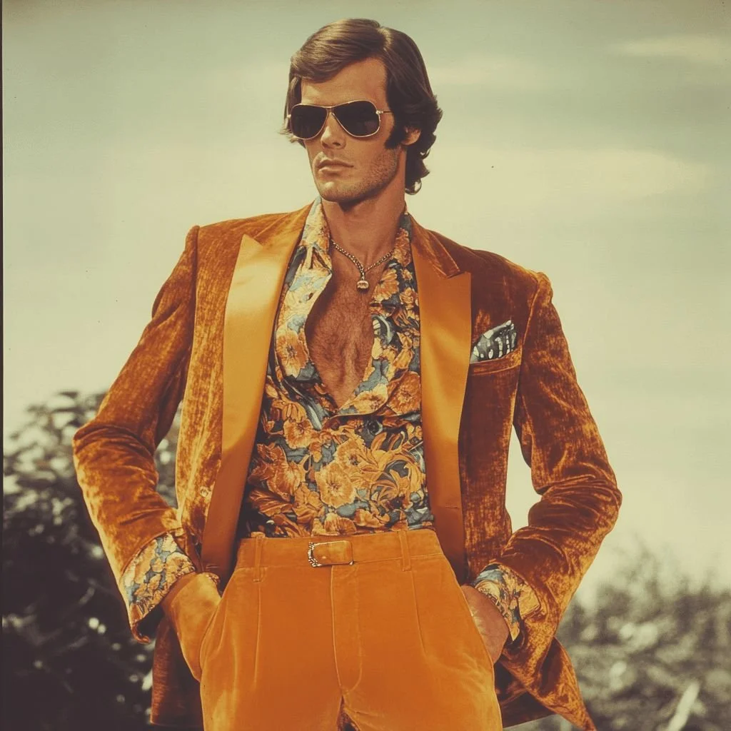 A man wearing sunglasses and a floral shirt with an orange velvet blazer, orange pants, and a chain necklace stands outdoors.
