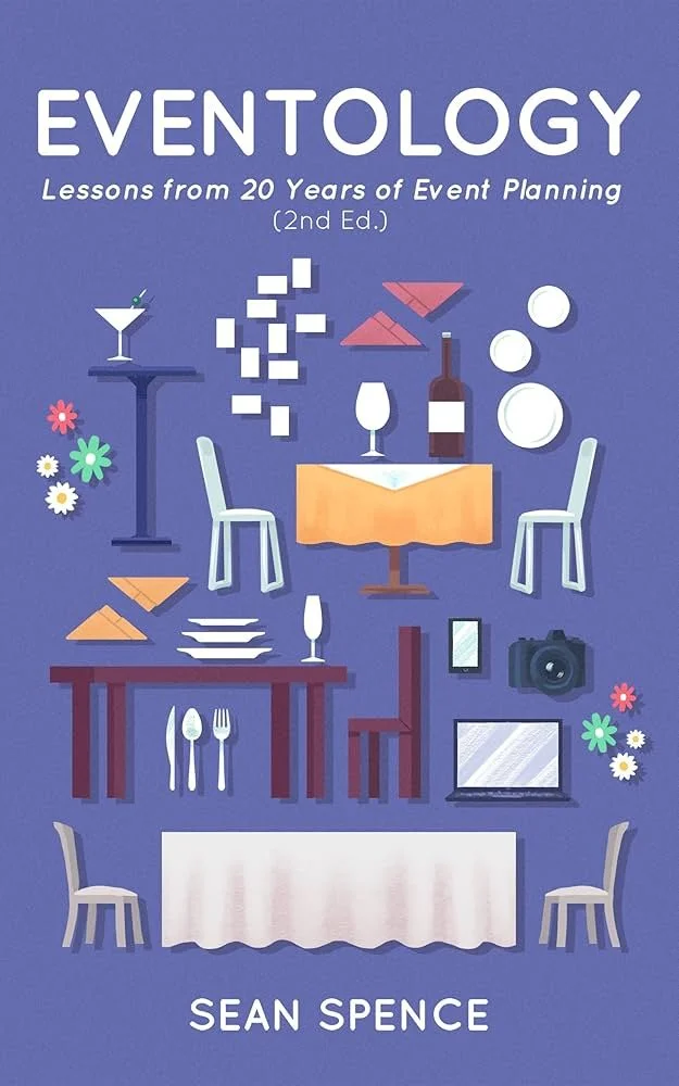 Book cover titled 'Eventology: Lessons from 20 Years of Event Planning' by Sean Spence with illustrations of event elements like tables, chairs, plates, glasses, flowers, camera, and dining setup on a purple background.