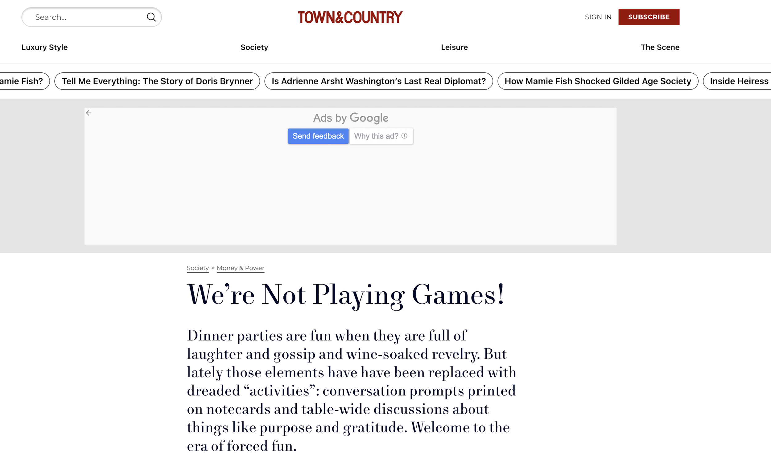 Screenshot of the Town & Country website showing page titles, navigation for luxury style, society, leisure, and the scene, and an article titled 'We're Not Playing Games!' about the shift from party gossip to conversation prompts on notecards and tablewide discussions.