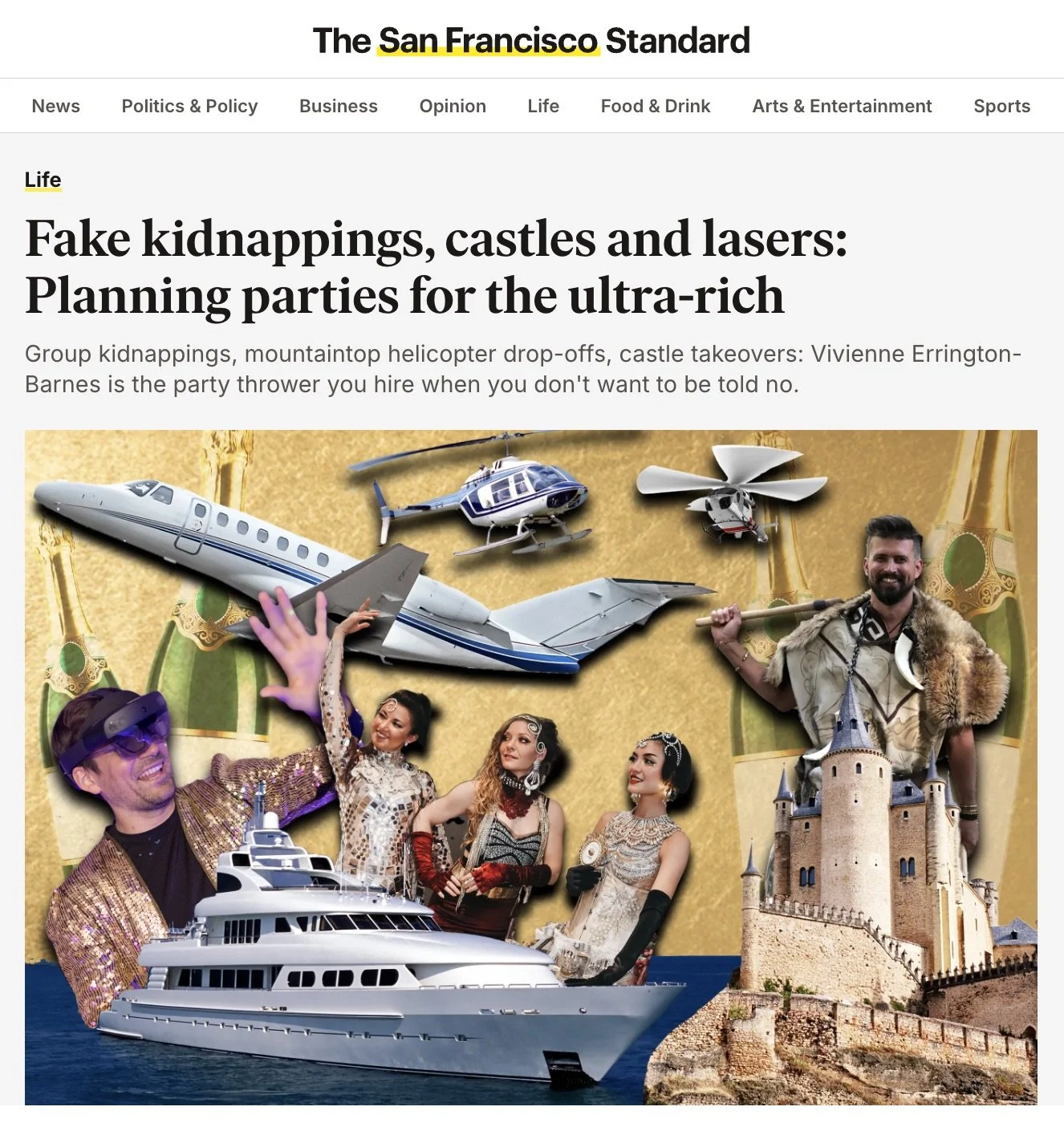A collage of luxury travel items and characters from a news website titled "Fake kidnappings, castles, and lasers: Planning parties for the ultra-rich." The collage includes a yacht, a private jet, helicopters, a castle, and people dressed in elegant costumes, with some wearing VR headsets and others in medieval or fantasy costumes, against a gold background.