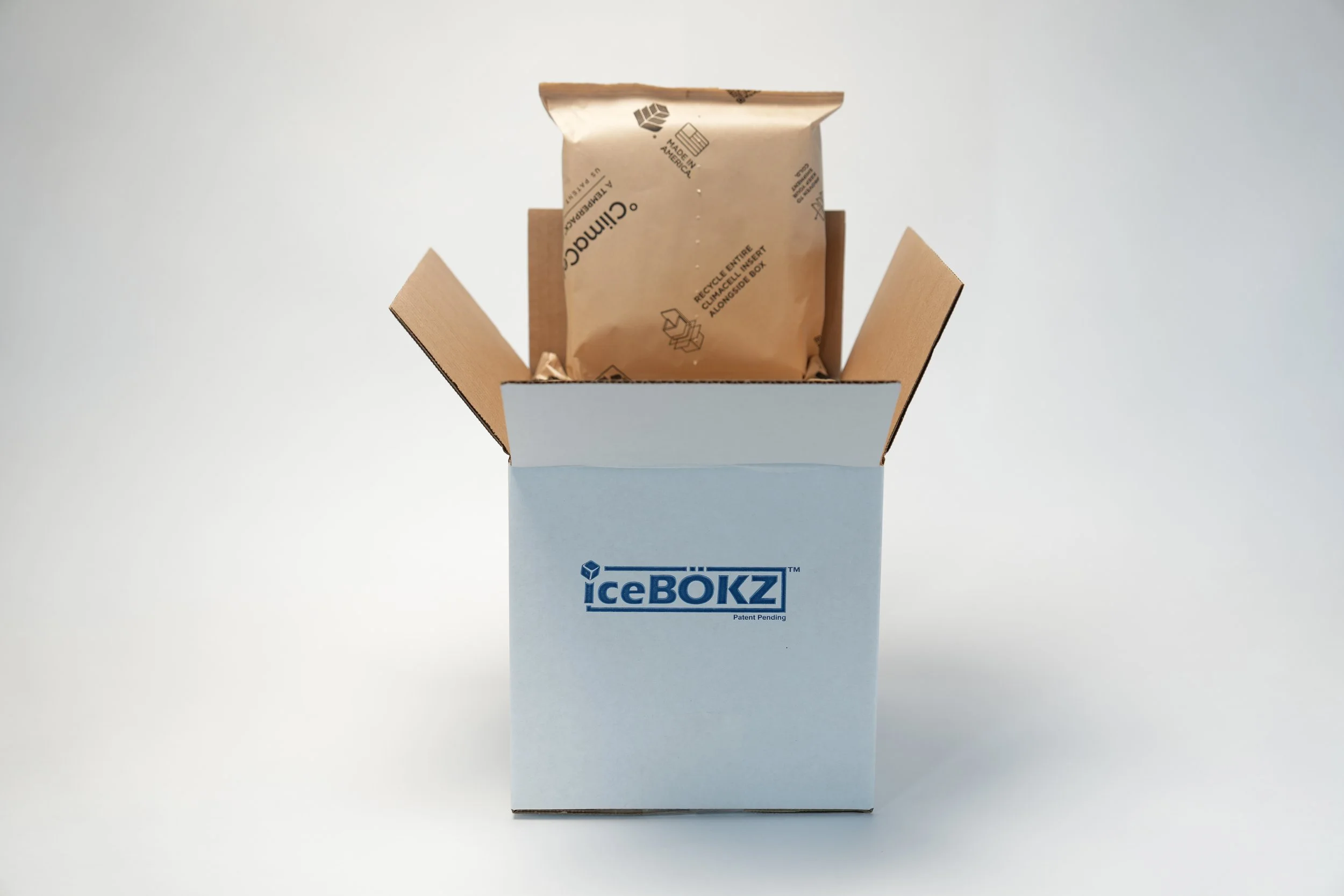 Corrugated IceBÖKZ™ shipping carton with top flaps open showing insulated packs inside.