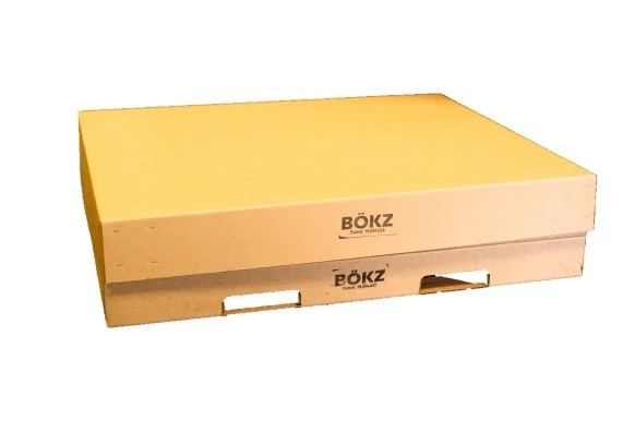 A condensed corrugated BÖKZ™ shipping containers resting on a BÖKZ™ Platform corrugated pallet.