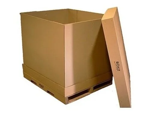 Corrugated BÖKZ™ shipping container with its lid removed showing interior panels.