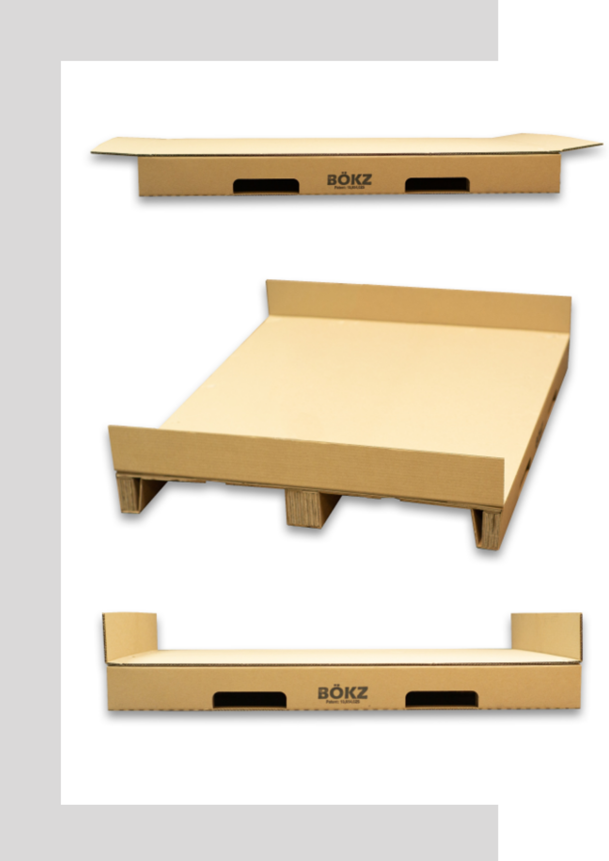 Three views of the BÖKZ Platform corrugated cardboard pallet showing side profile with wings flat, angled top view, and side profile with wings raised.