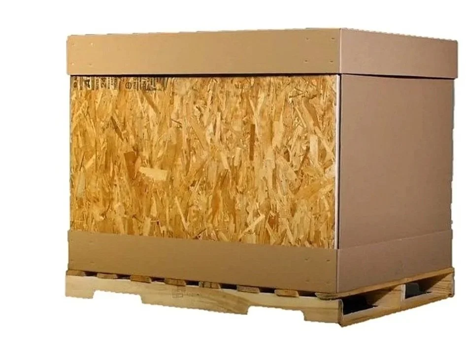 Corrugated BÖKZ™ shipping container with a plywood-reinforced side panel.