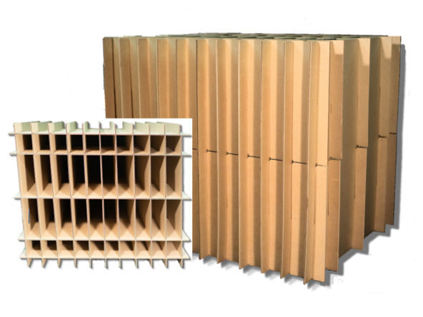 Corrugated partition inserts assembled upright with inset showing a bird’s-eye view of the partitions.