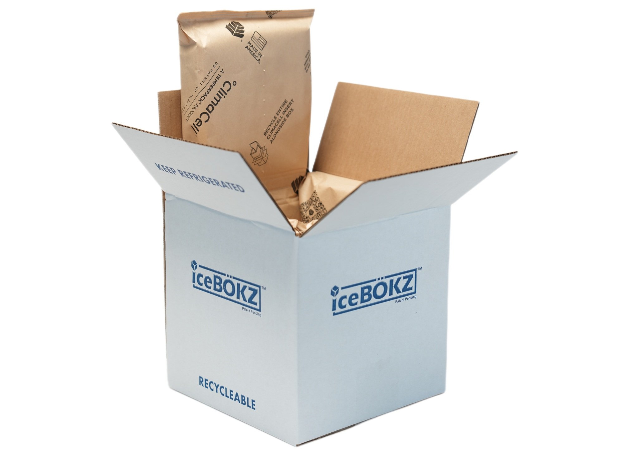 Corrugated IceBÖKZ™ shipping carton with top flaps open showing insulated packs inside.