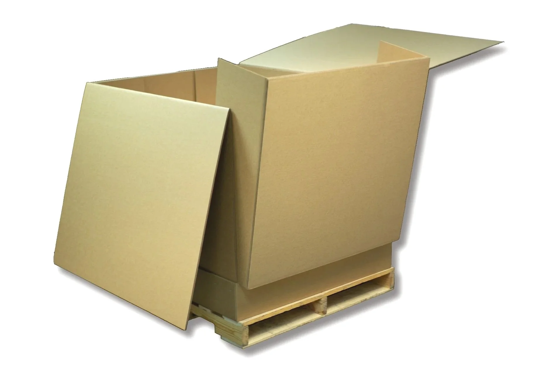 Corrugated BÖKZ™ shipping container with lid removed as a side panel slides into the locking pocket of adjacent panels.