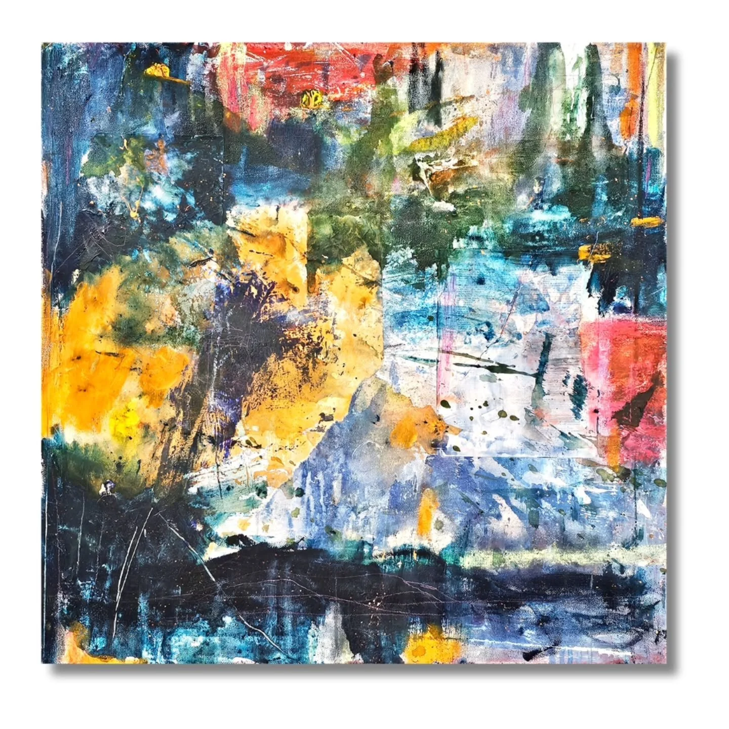 AKASHA&nbsp;
24" x 24" Mixed Media/Collage on Canvas - 2025
(From the Beautiful Mistake Collection/Exhibition 
May 25)

I love how a river cuts through a mountain in this piece AKASHA as the sun sets low coloring the skies.

"Akasha&qu