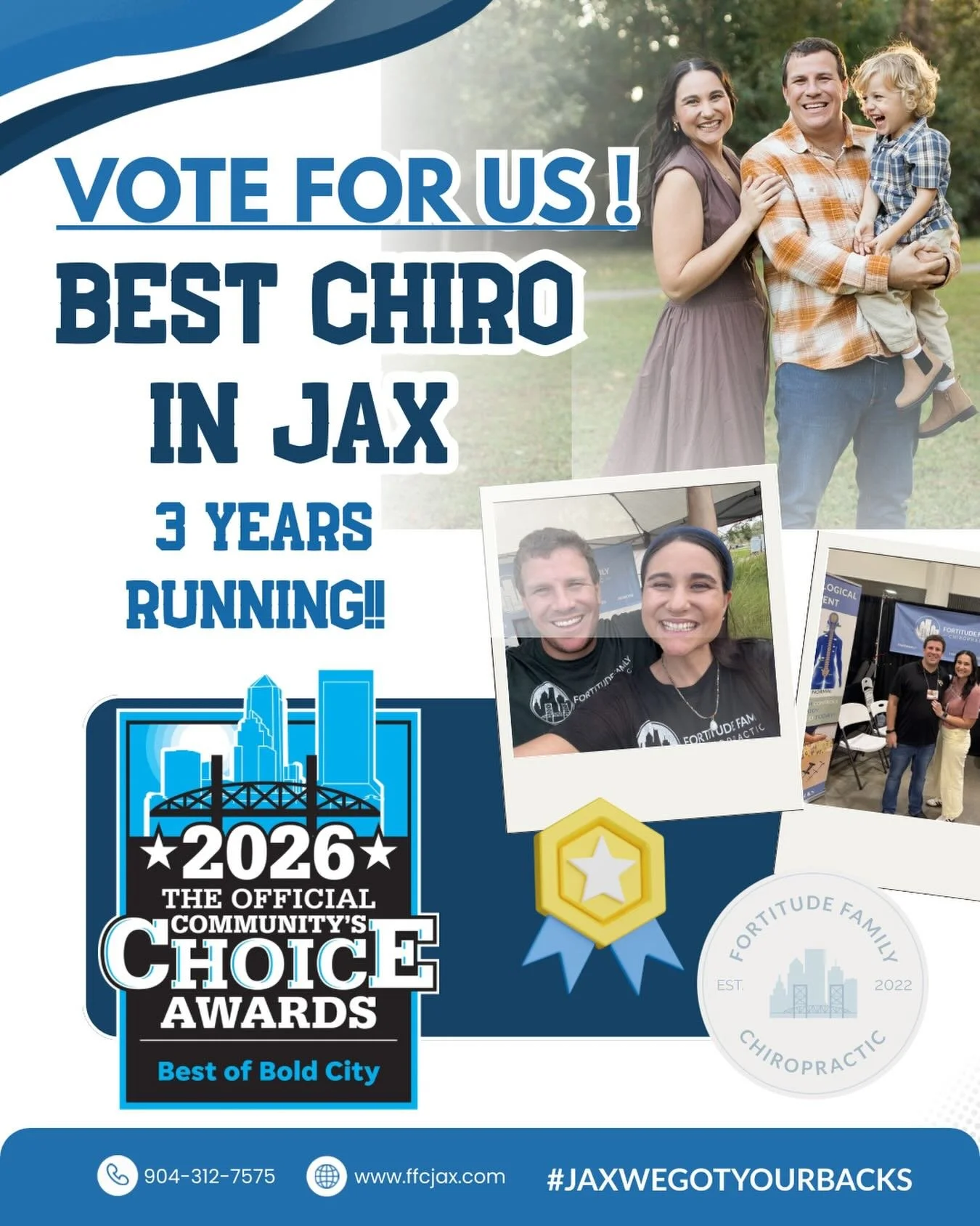 Please go vote for us for Bold City Best Chiropractic Office in JAX! 

⭐️ Voting now until 5/25

⭐️ Can vote 1x per day 

⭐️ See link in Bio

Help us complete the trilogy 🏆🏆🏆